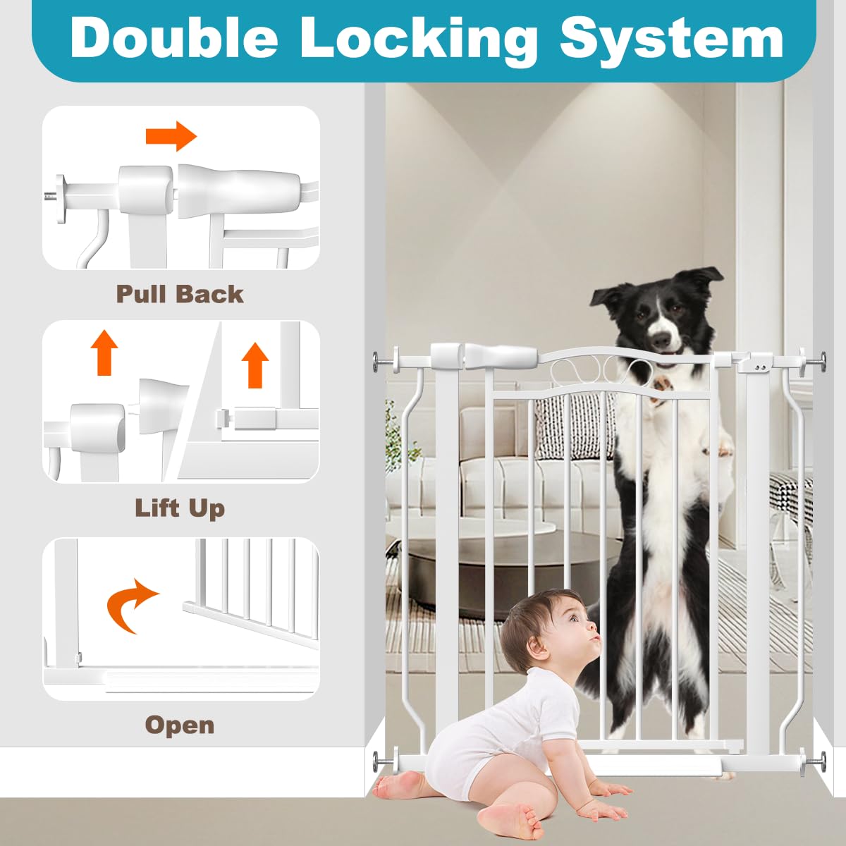 THEYFIRST Extra Wide Baby Gate for Doorways 53.1"-62.6", Pressure Mounted Dog Gates With Door, Child Safety Barrier Walk Thru Indoor, Large Babygate Long for Kids Toddler Pet Outside, 30 In Tall White