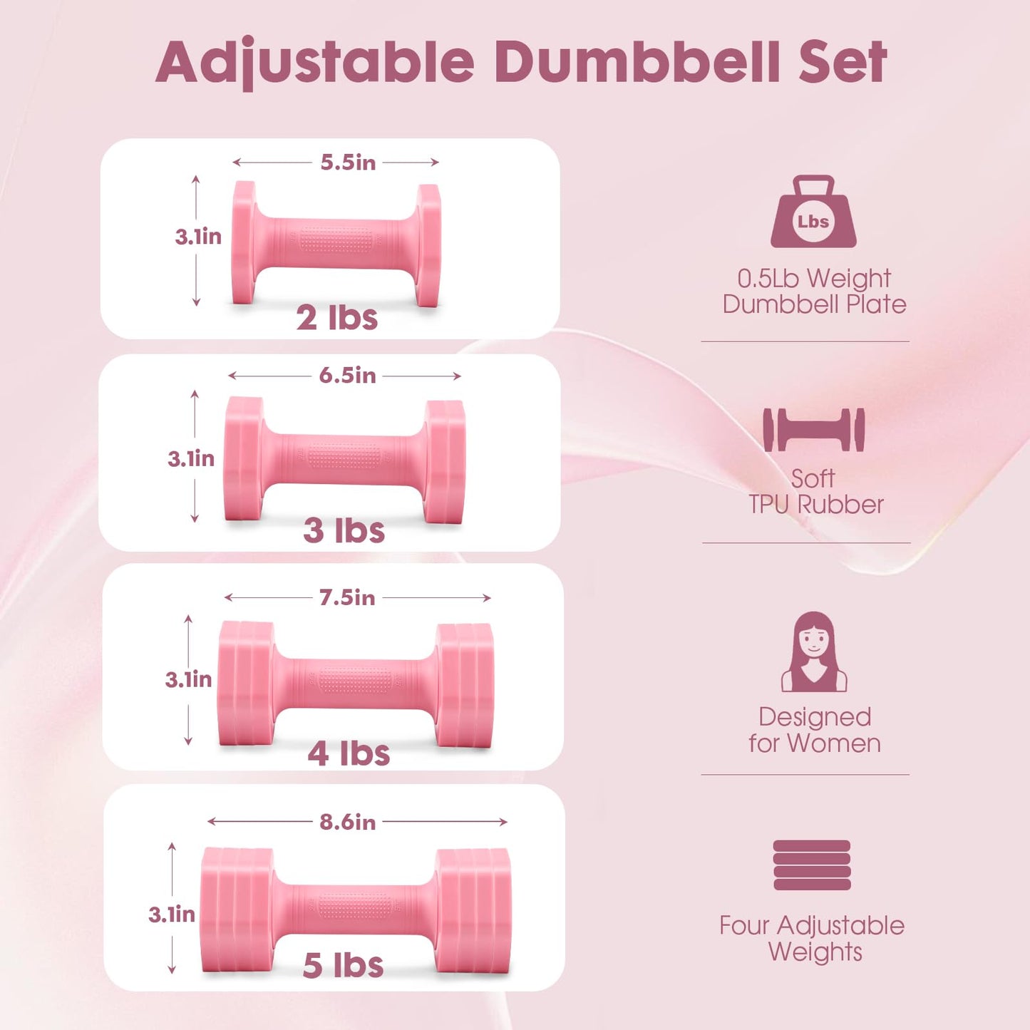 EQUIPRO Adjustable Dumbbell Set, 4 in 1 Weights for Women at Home, Hand Weights Dumbbells for Women, Each 2lb 3lb 4lb 5lb Fast Adjust Weight with Soft TPU Handle for Home Gym Exercise Training