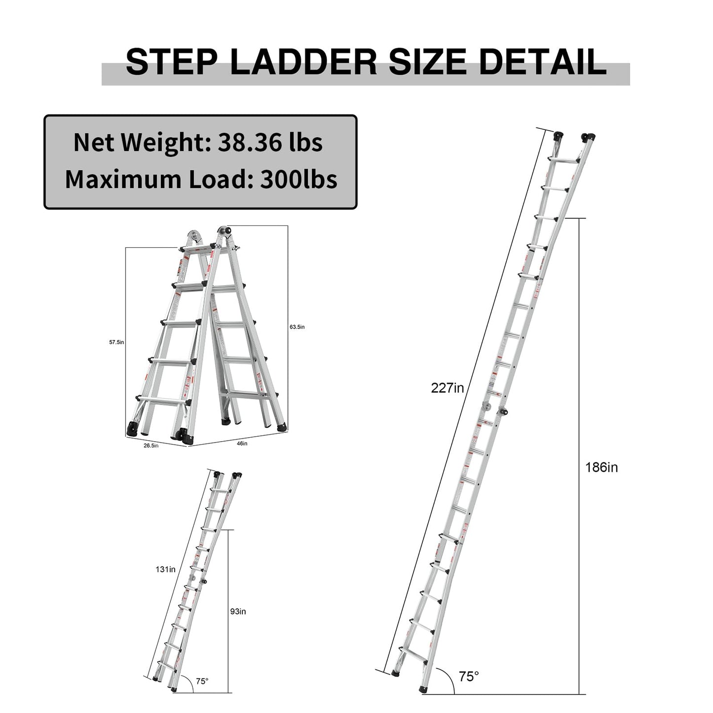 22 FT Aluminum Multi-Position Foldable Ladder with Wheels, 5-in-1 Extension Ladder with Wide Anti-Slip Steps & Secure Hinge Locks for Home Indoor Outdoor Professional Use, 300 lbs Rated.