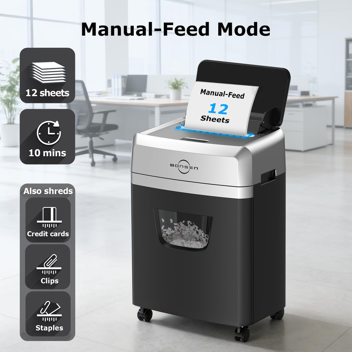 BONSEN 150-Sheet Autofeed Paper Shredder Heavy Duty, 60 Mins Micro-Cut Shredder for Office, 6 Gal Large Capacity Bin P-4 High Security Commercial Document Shredders for Home Office S3114