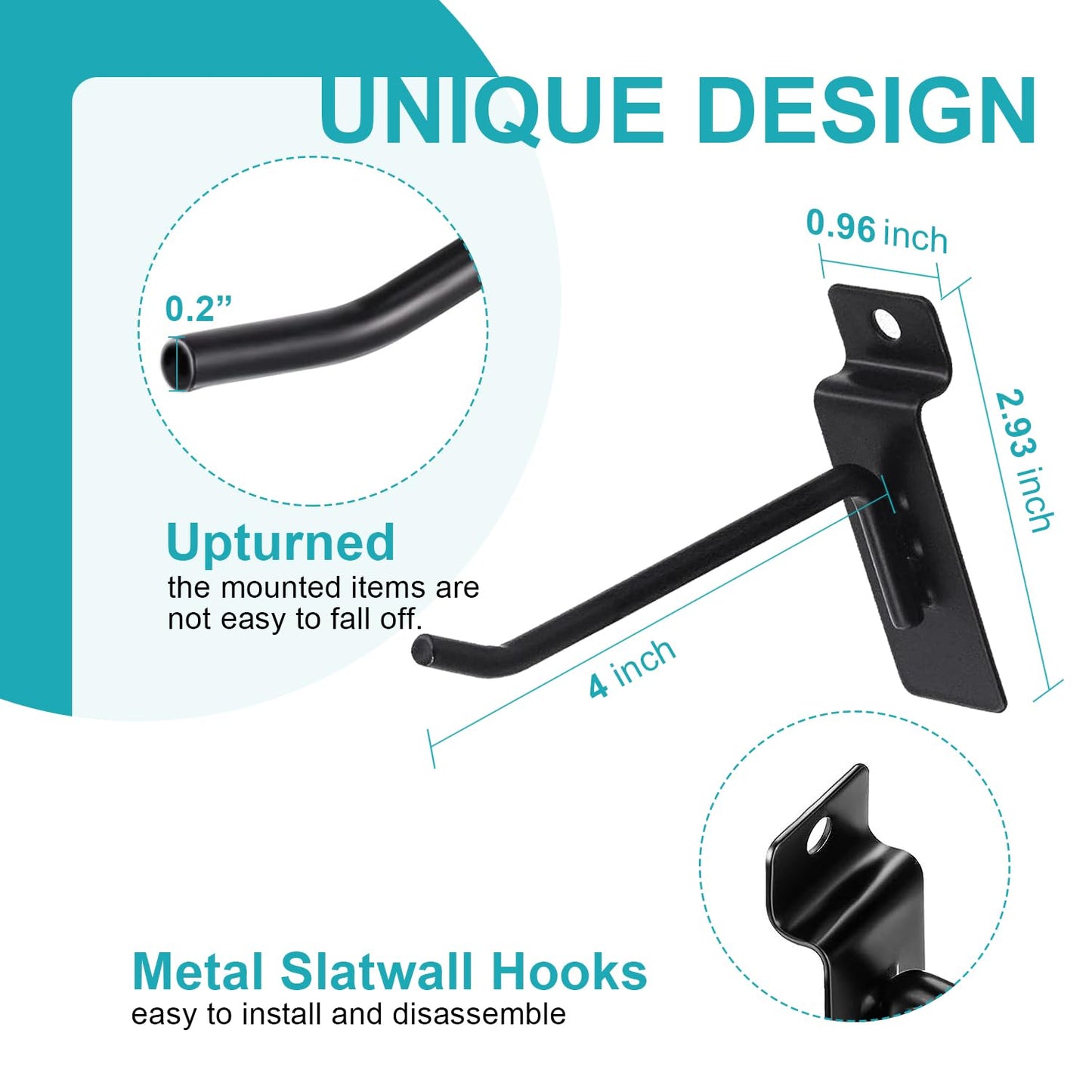 HJW Slatwall Hooks 50 PCS 4 Inch Black Slatwall Accessories Garage Shop Retail Display Heavy Duty Pegboard Gridwall