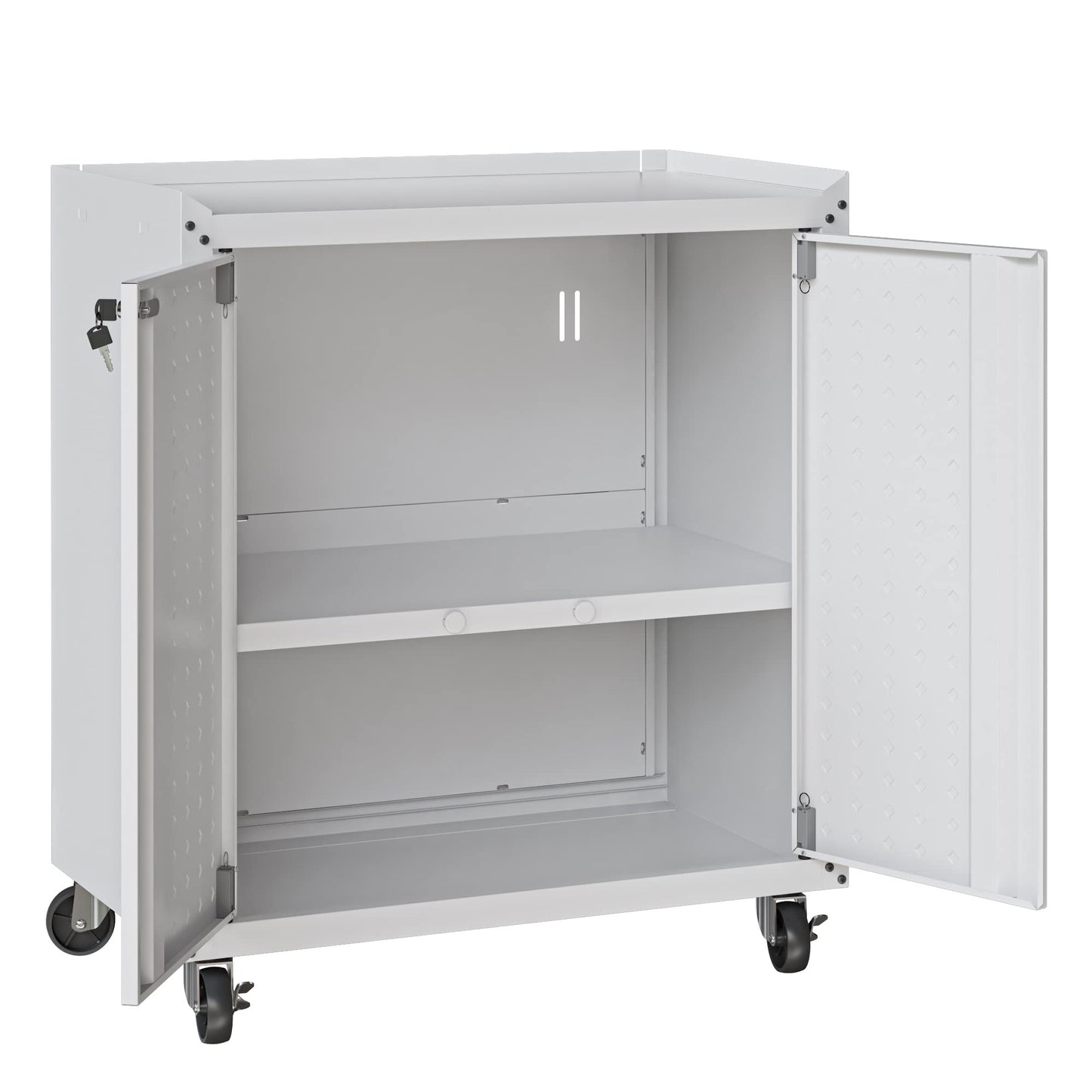 Manhattan Comfort Fortress Rolling Garage Storage Cabinet with 2 Adjustable Shelves, Lockable Metal Tool Compartment, Heavy-Duty Mobile Utility Organizer with Wheels, White