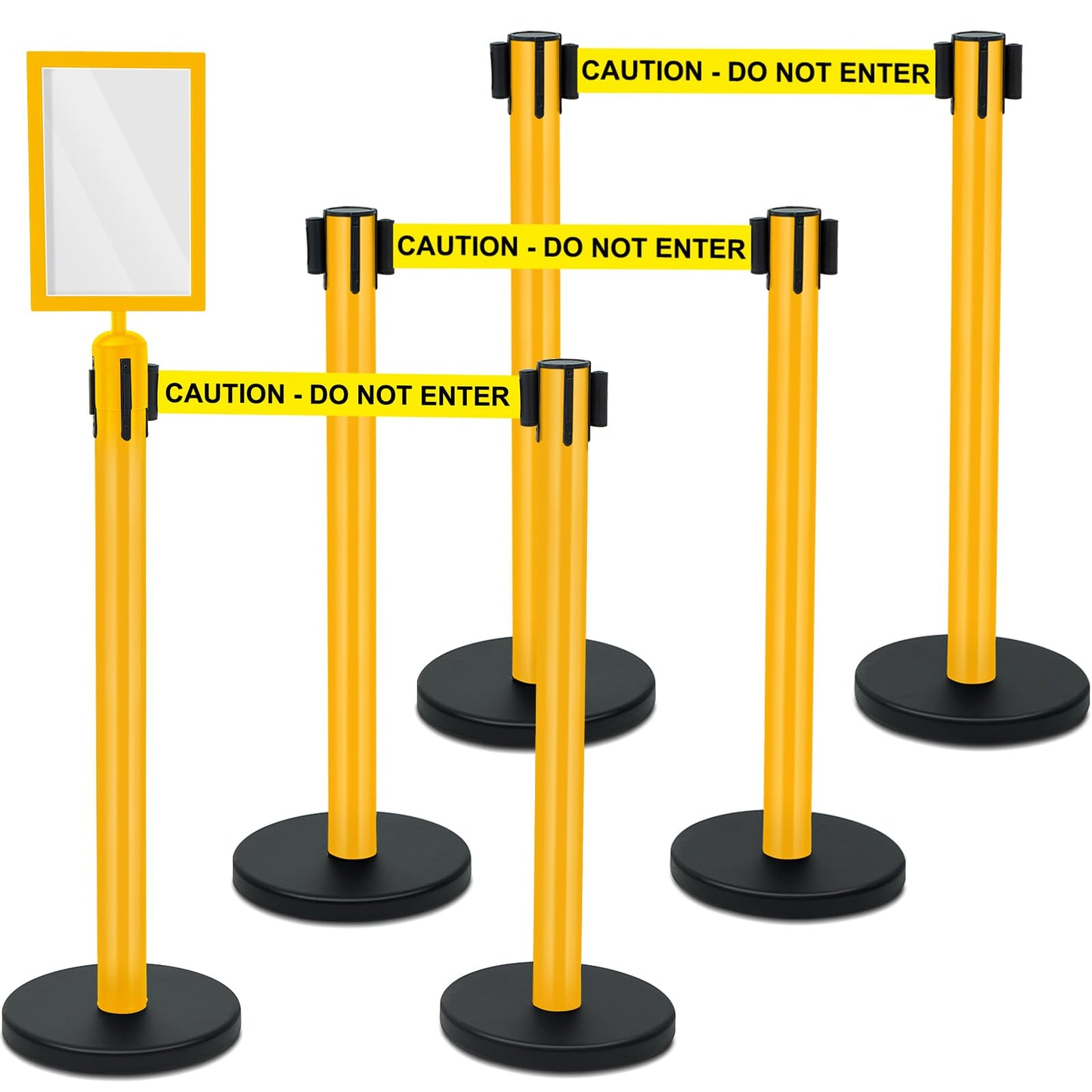 Therwen 6 Pack Heavy Duty Crowd Control Stanchions 9.8 ft Stainless Steel Stanchion Set with 6 Safety Barrier Post Retractable Belt and 1 Sign Holder Crowd Control Barrier(Caution Belt,Yellow)