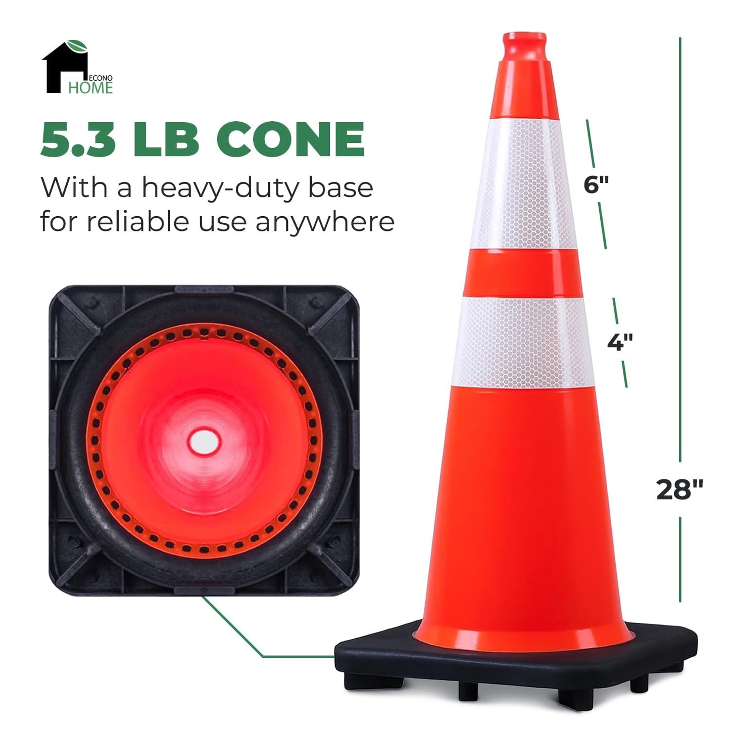 EconoHome Reflective Traffic Cones - 5.3 lbs Weighted Orange Safety Cones for Parking Lot, Traffic Control, Construction, Road Safety - Heavy Duty Square Base, Flexible PVC - 28-Inch Tall - 8-Pack