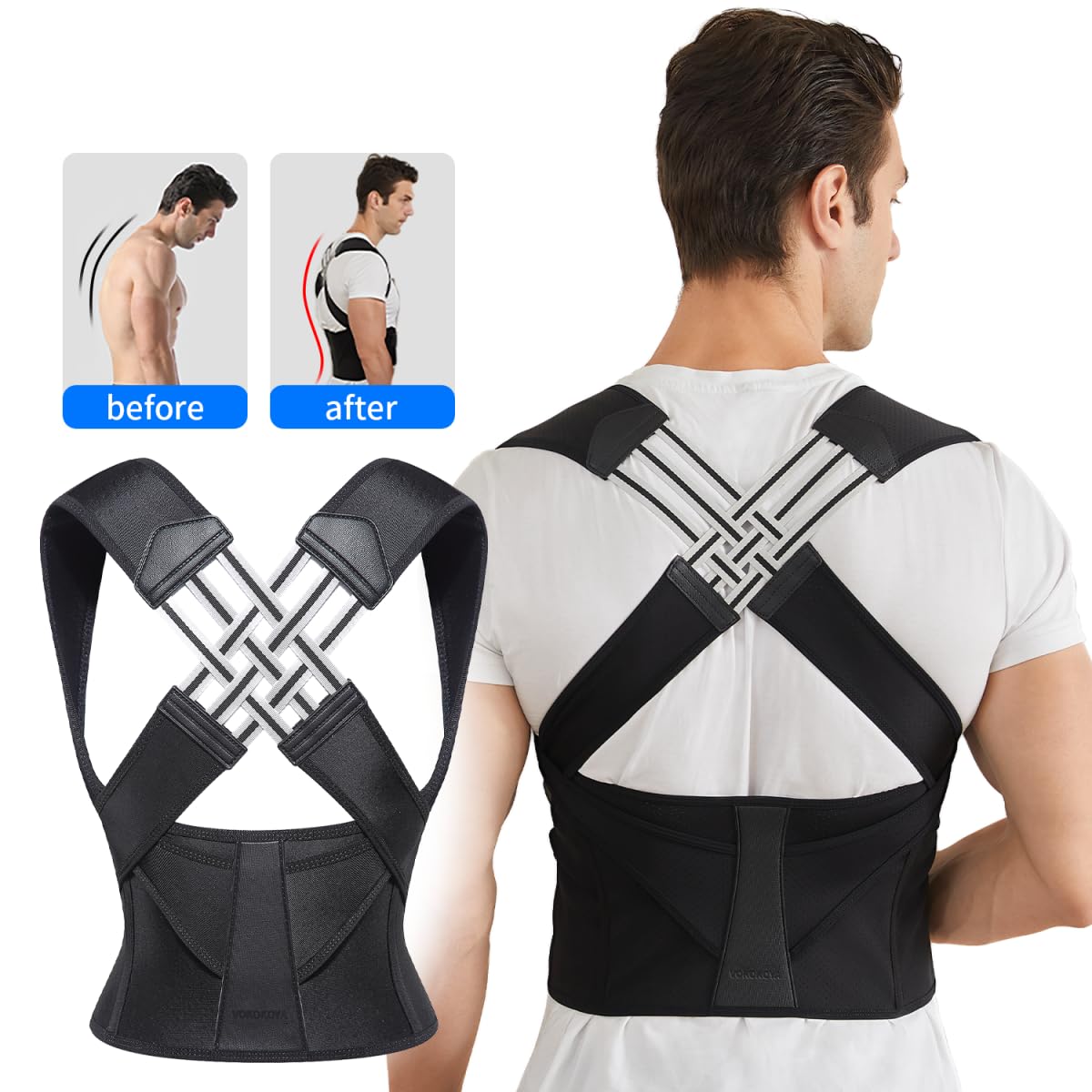 VOKOKOYA Posture Corrector for Women and Men,Adjustable Shoulder Straightener,Back Support Brace,Upper Spine scoliosis, hunchback Black Medium