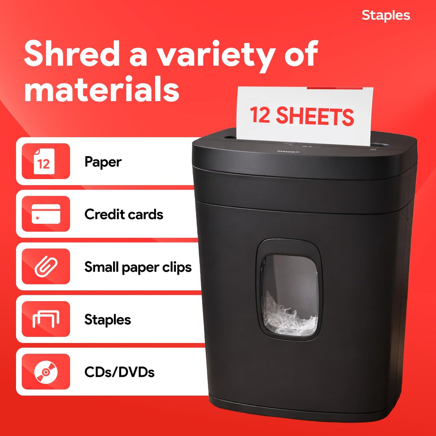 Staples 12-Sheet Micro-Cut Paper Shredder, High-Security, Shreds Credit Cards, for Home & Office, Anti-Jam, Black