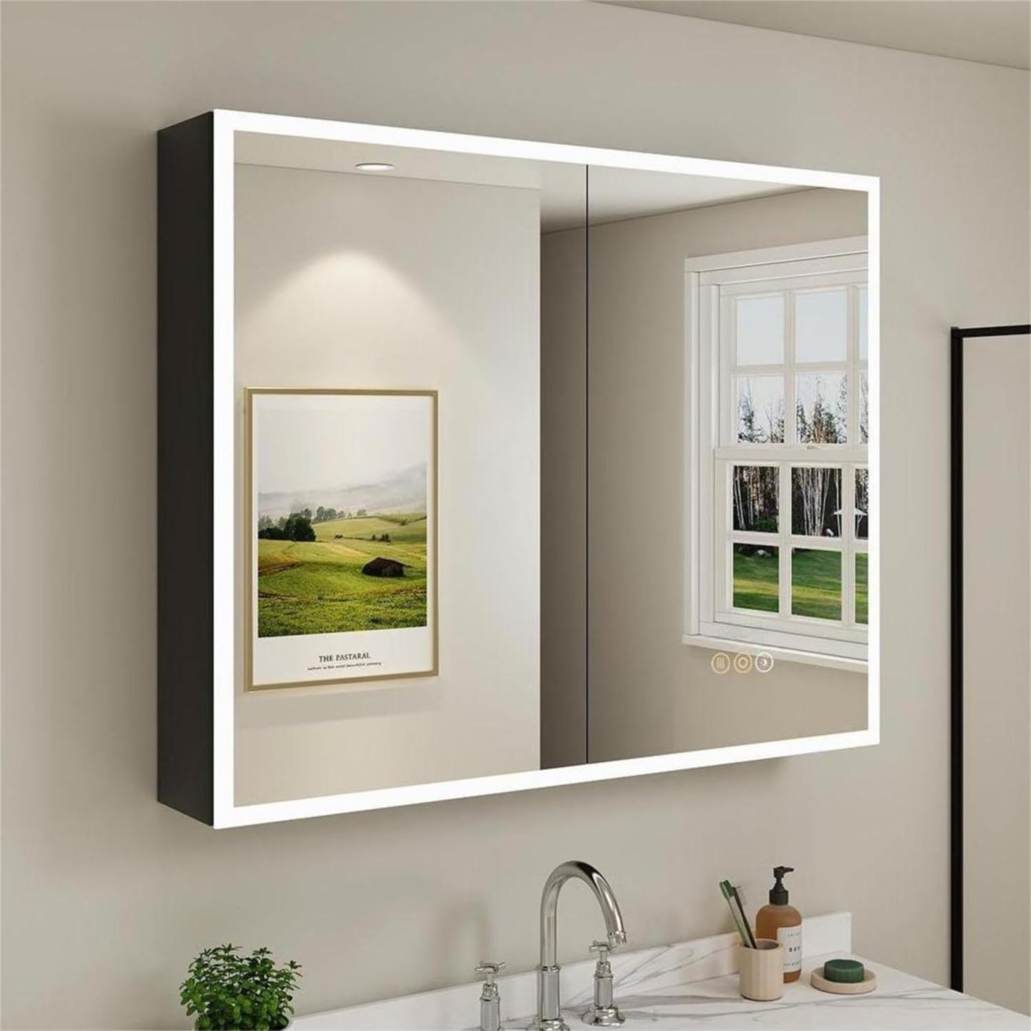 Buruis 40 x 32 Inch Medicine Cabinet with LED Lights and Mirror, Recessed/Wall Mounted Bathroom Cabinet, 3-Color Light, Defogger, Memory Function, Outlet & USB, Dimmer, Black