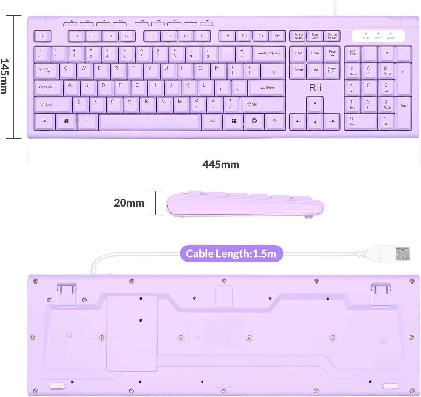 Rii RK907 10/8 7 Ultra-Slim Compact USB Wired Keyboard for Mac and PC,Windows / / Vista/XP(Purple)