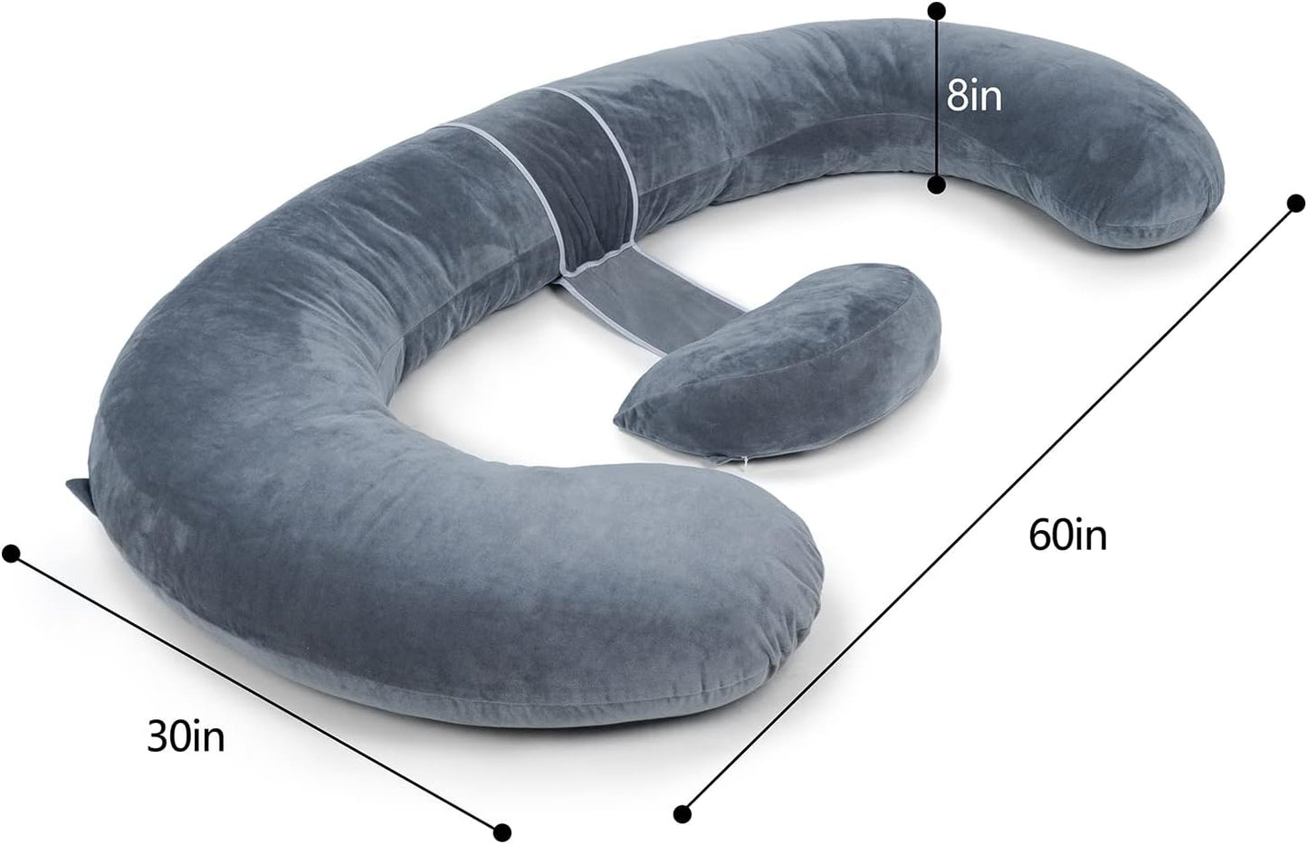 Queen Rose Pregnancy Pillow - E-Shaped Body Pillow for Side Sleepers, Detachable Grey Velvet Cover, 60in