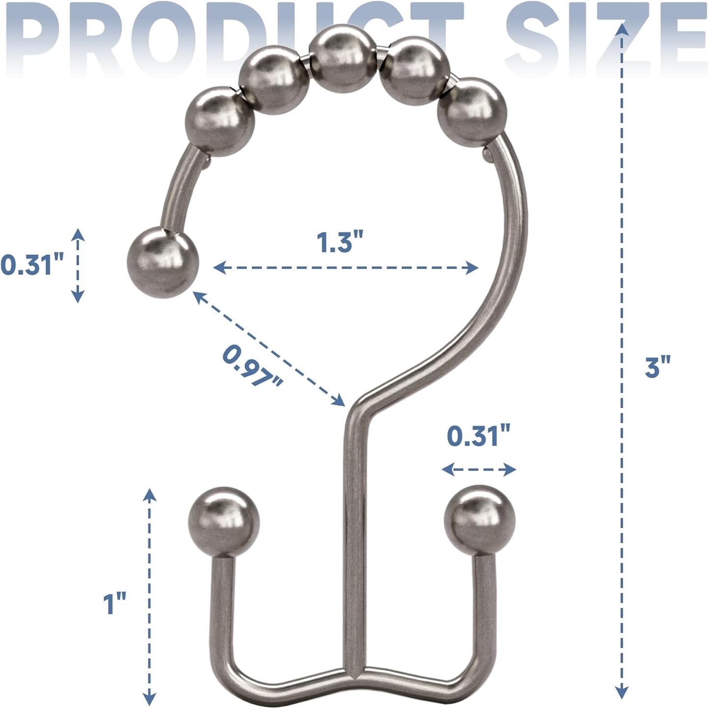 Titanker Shower Curtain Hooks - Rust Resistant Metal Double Glide Rings, Set of 12 - Nickel Finish