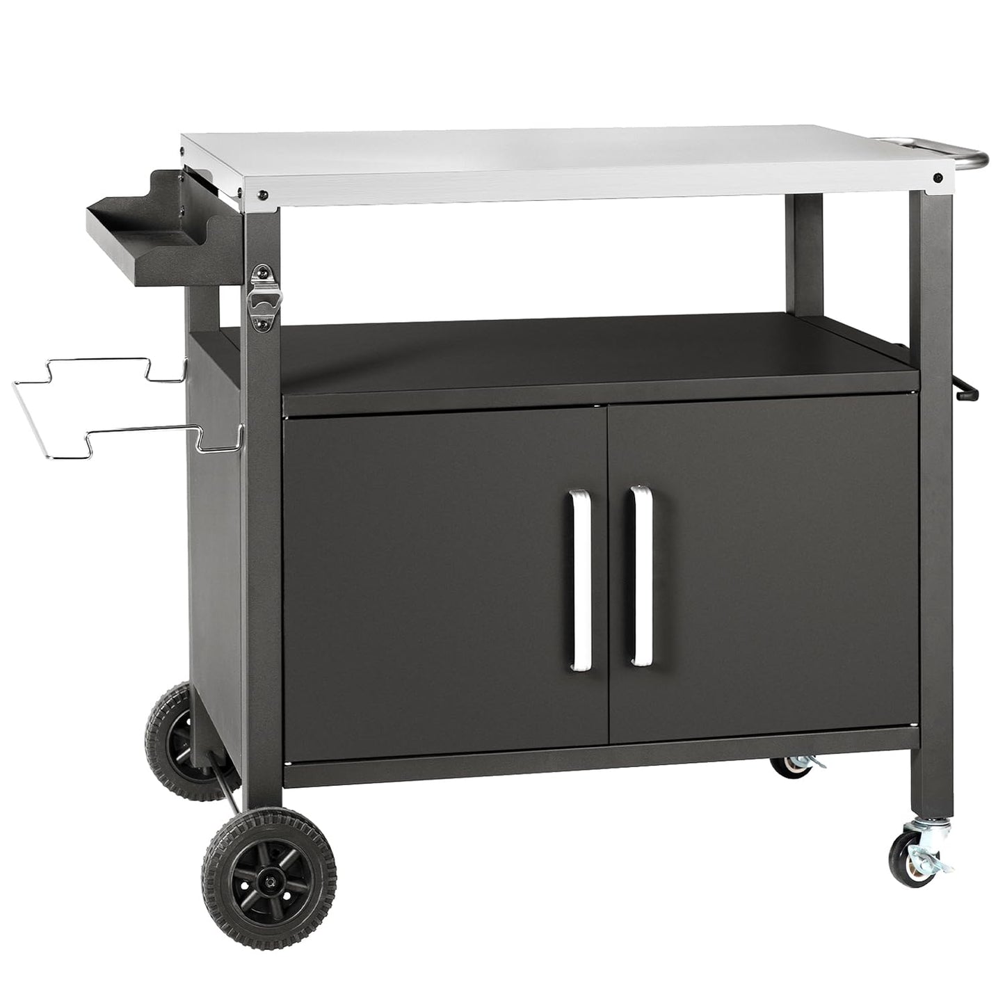 Dining Cart Table with Big Storage Cabinet, Movable Outdoor BBQ Grill Table Pizza Oven Stand, Kitchen Cart Island Multifunctional Food Prep for Inside and Outside