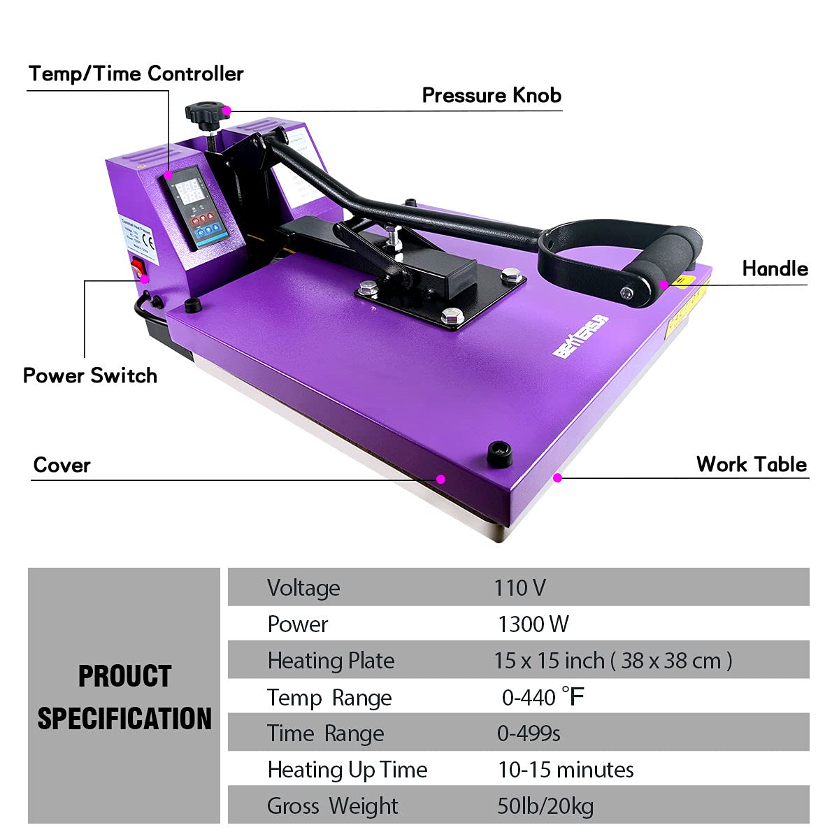 BetterSub 15‘’x15‘’ Industrial Heat Press Machine for T-Shirts, Sublimation, Transfers – Digital LCD Control, Teflon Surface, Clamshell Design, Safe & Durable - Purple