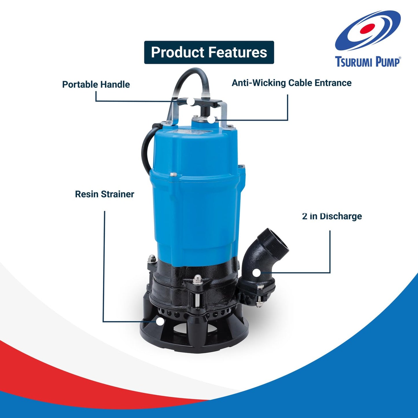Tsurumi Pump HSD2.55S Submersible Slurry Pump with Agitator 3/4 HP 115V 2 in Discharge Ideal For Dewatering Applications | 63 GPM / 3780 GPH