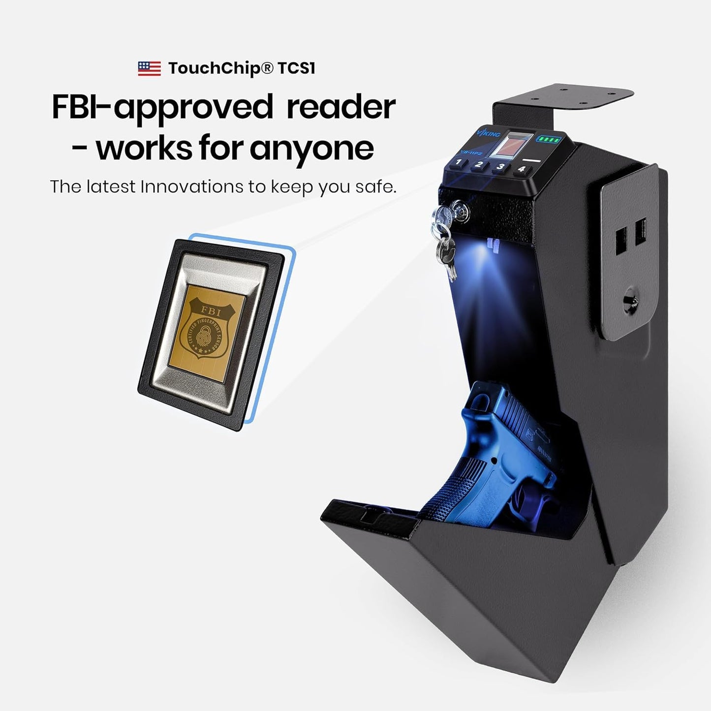 Biometric Handgun Gun Safe with FBI-Certified Fingerprint Sensor, Quick Access Pistol Safe for Bedside Home Defense, Anti-Spoof Security, Silent Mode, LED, Key Backup Viking Security Safe VS-11PZ