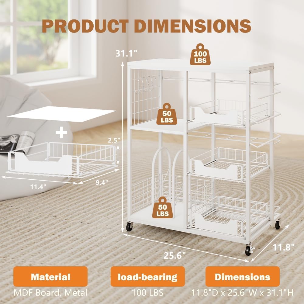 Wrapping Paper Organizer - Rolling Gift Wrap Cart with Wheels, 20 Roll Holders & 3 Drawers | White