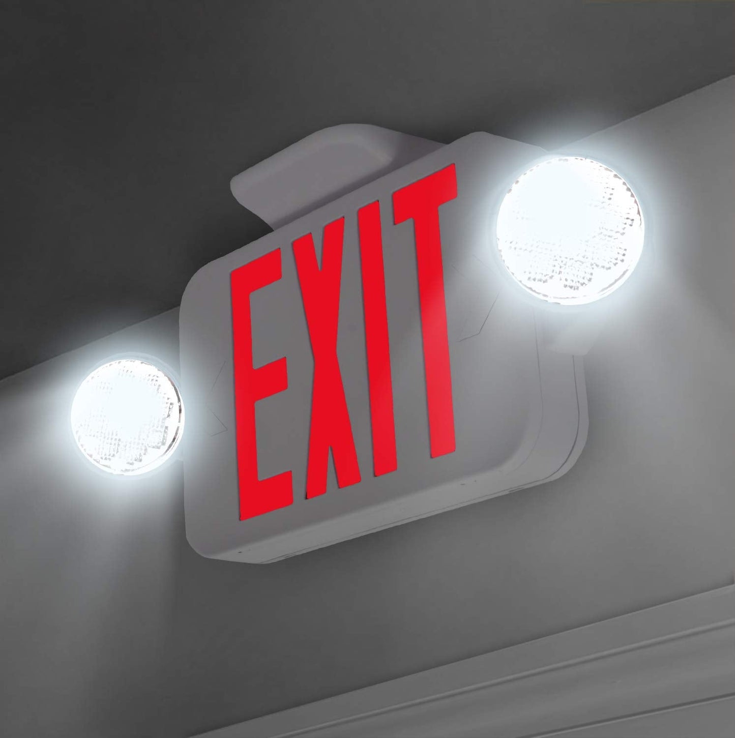 LFI Lights® Compact COMBO, UL 924 Listed Exit Sign with Emergency Lights, Red LED, White, 120/277VAC Hardwired with Battery Backup, Optional Double Face and Knock Out Arrows COMBOJR2RWBB 2 Pack