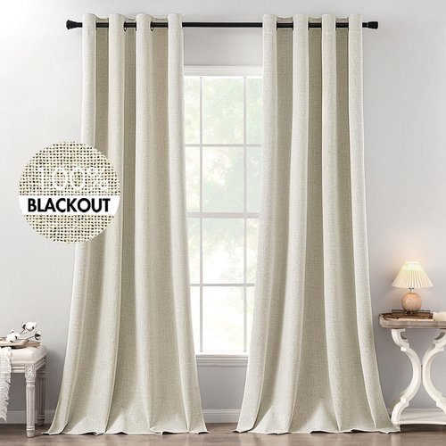 MIULEE 100% Blackout Linen Curtains - Thermal Insulated Room Darkening Drapes, Cream | 52 x 120 Inch (2 Panels)