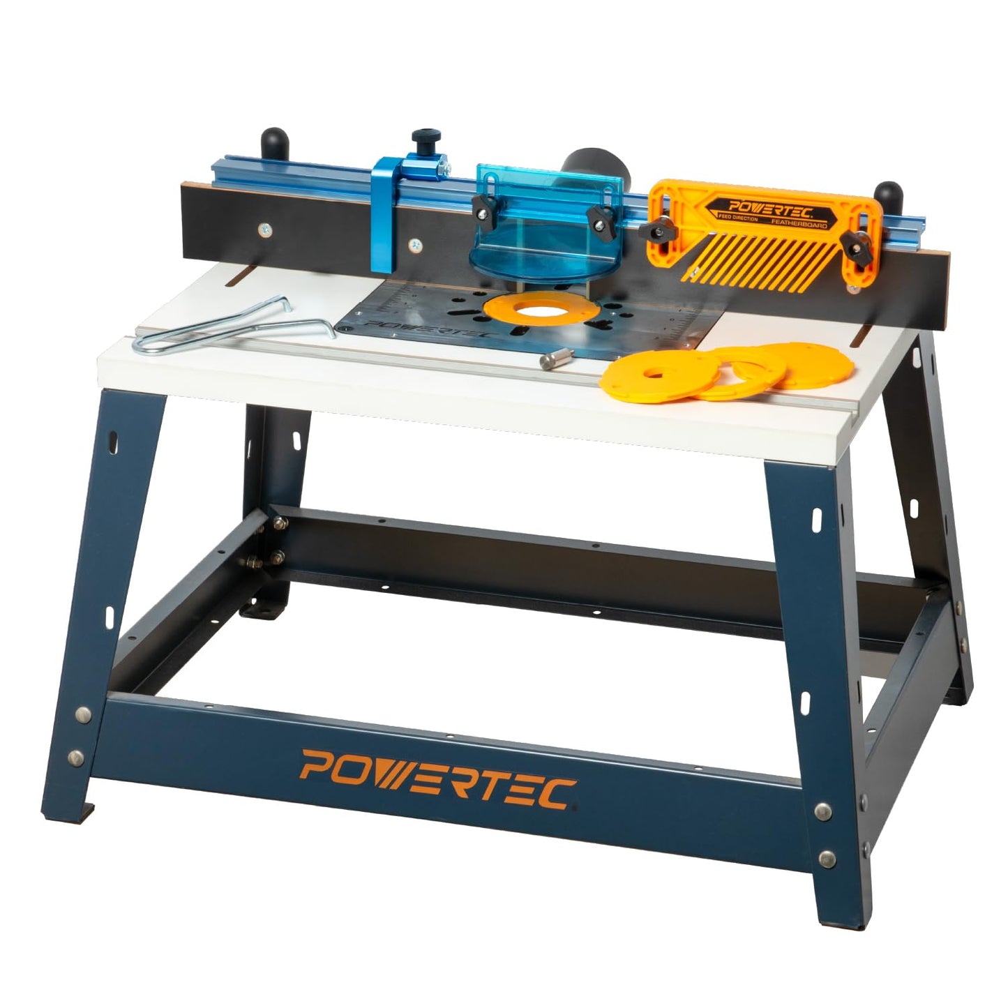 POWERTEC Benchtop Router Table w/Metal Stand and Adjustable Fence Set – 24" x 16" Laminated MDF Top, Aluminum Insert Plate, 2-1/2" Dust Port, Fence Stop, Featherboard and More Accessories (71963)