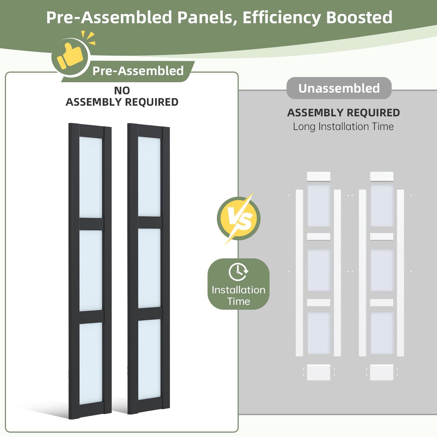 Easelife Bifold Closet Doors,Folding Door for 32" x 80" Opening,3-Lite Tempered Frosted Glass,Black Interior Bi-fold Barn Door with Concealed Sliding Hardware Kit,MDF Panel for Pantry and Laundry