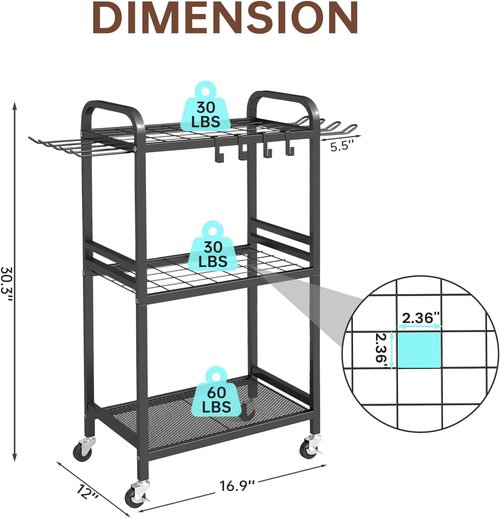 Hadulcet Garden Tool Organizer - Heavy-Duty Metal Rack with Lockable Wheels & Storage Hooks | Black