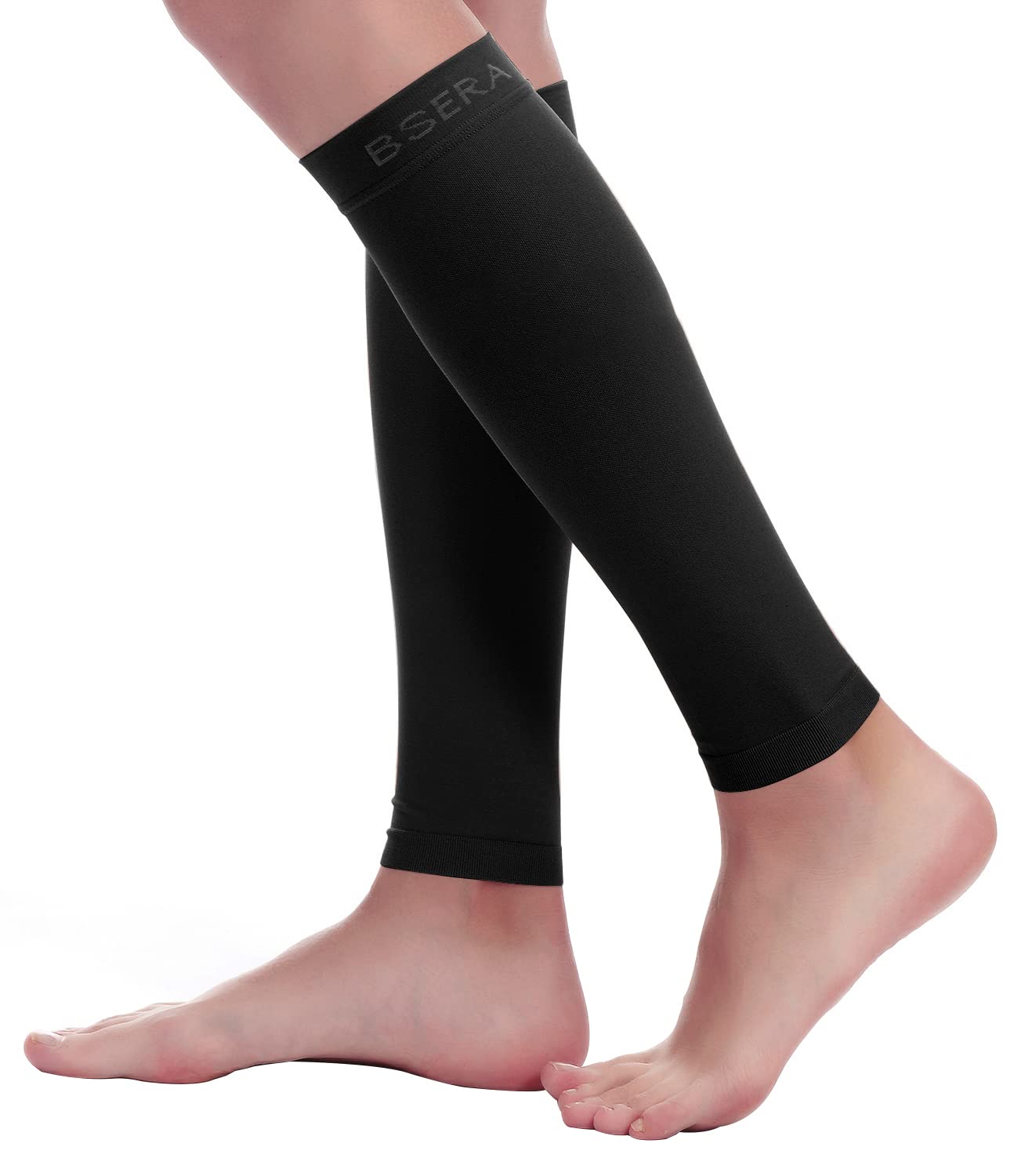 BSERA Calf Compression Sleeve Women, 2 Pairs 15-20mmHg Calf Support Footless Compression Socks Stockings for Shin Splints, Varicose Veins, Recovery (Black, Large)