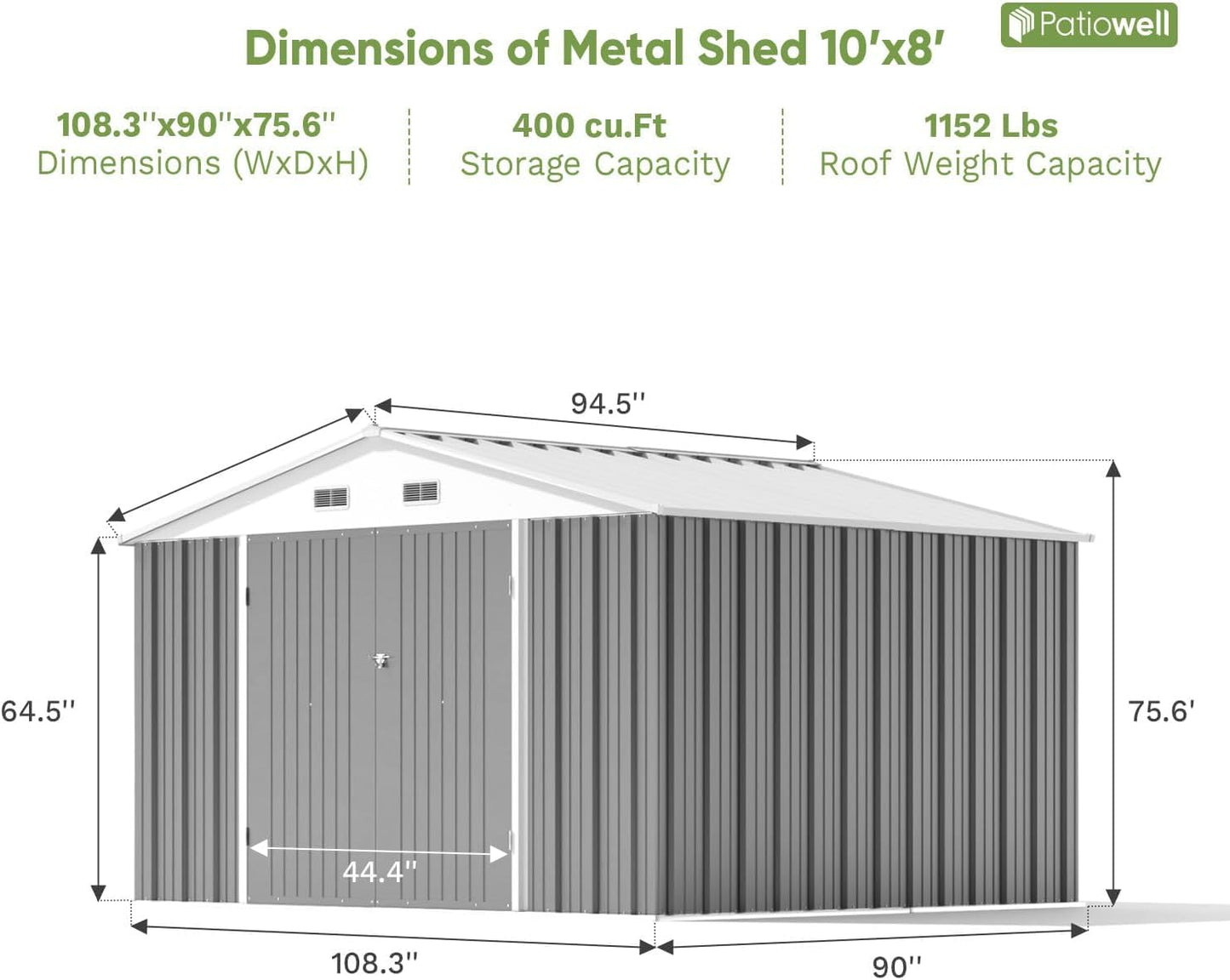 Patiowell 10x8 FT Storage Shed, Outdoor Metal Sheds with Lockable Door and Sloping Roof, Waterproof Outside Large Garden Tool Shed with Breathable Vents for Patio Lawn Backyard, Gray