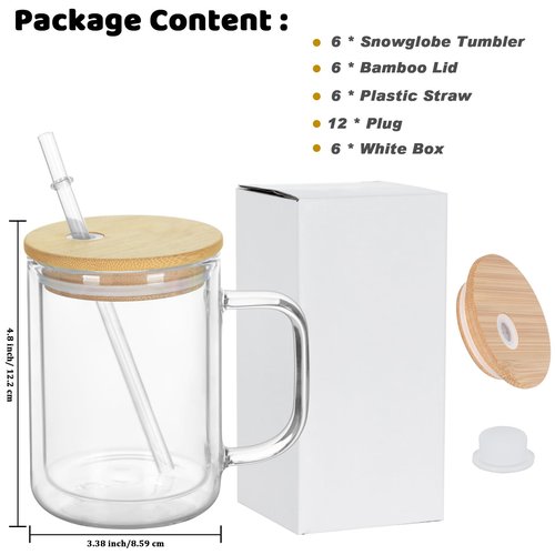 Maucircol 15 Oz Pre-Drilled Glass Snow Globe Tumbler with Handle, 6 Pack Double Wall Snowglobe Cup Coffee Mug For Snow Globe Diy Glitter, Clear
