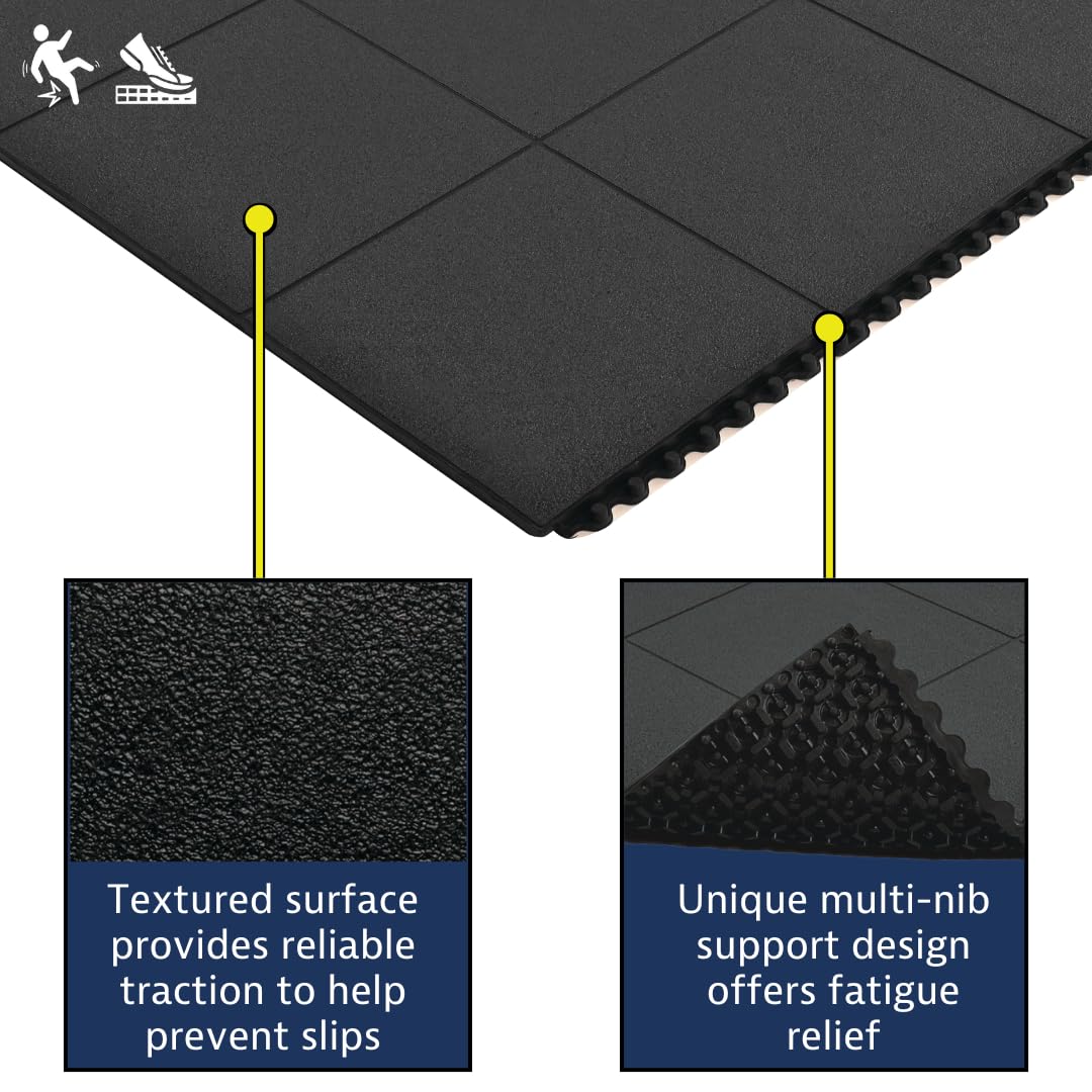NoTrax Fire Retardant Anti Fatigue Mat Interlocking Floor Tiles - Black 3'x3' Modular Standing Pad Puzzle Mats Designed for Custom Stress Mats for Standing at Work - 1 Tile - Rubber - 656SFR33BL