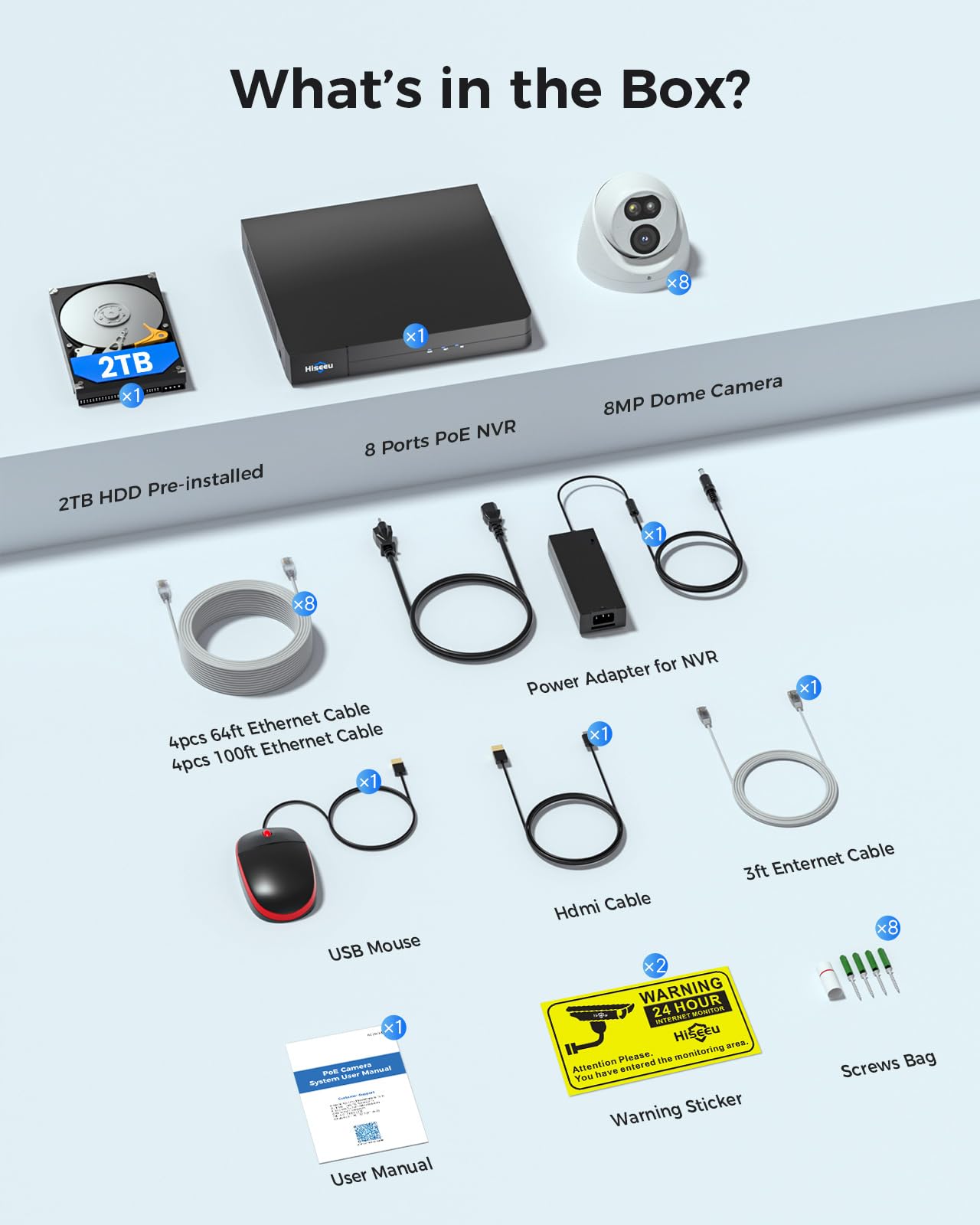 【121°Wide View+4K HD】 Hiseeu 4K Security Camera System, 8 Pcs 8MP PoE Security Camera Outdoor&Indoor, No Monthly Fee, Human Vehicle Detect, Smart Playback, 2TB Hard Drive for Surveillance 7/24 Record