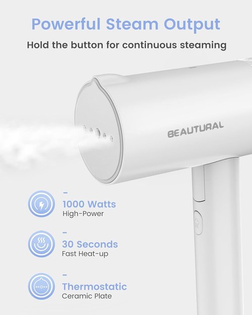 Beautural Portable Clothes Steamer - Fast 30s Heat-Up, Handheld & Foldable Design, White