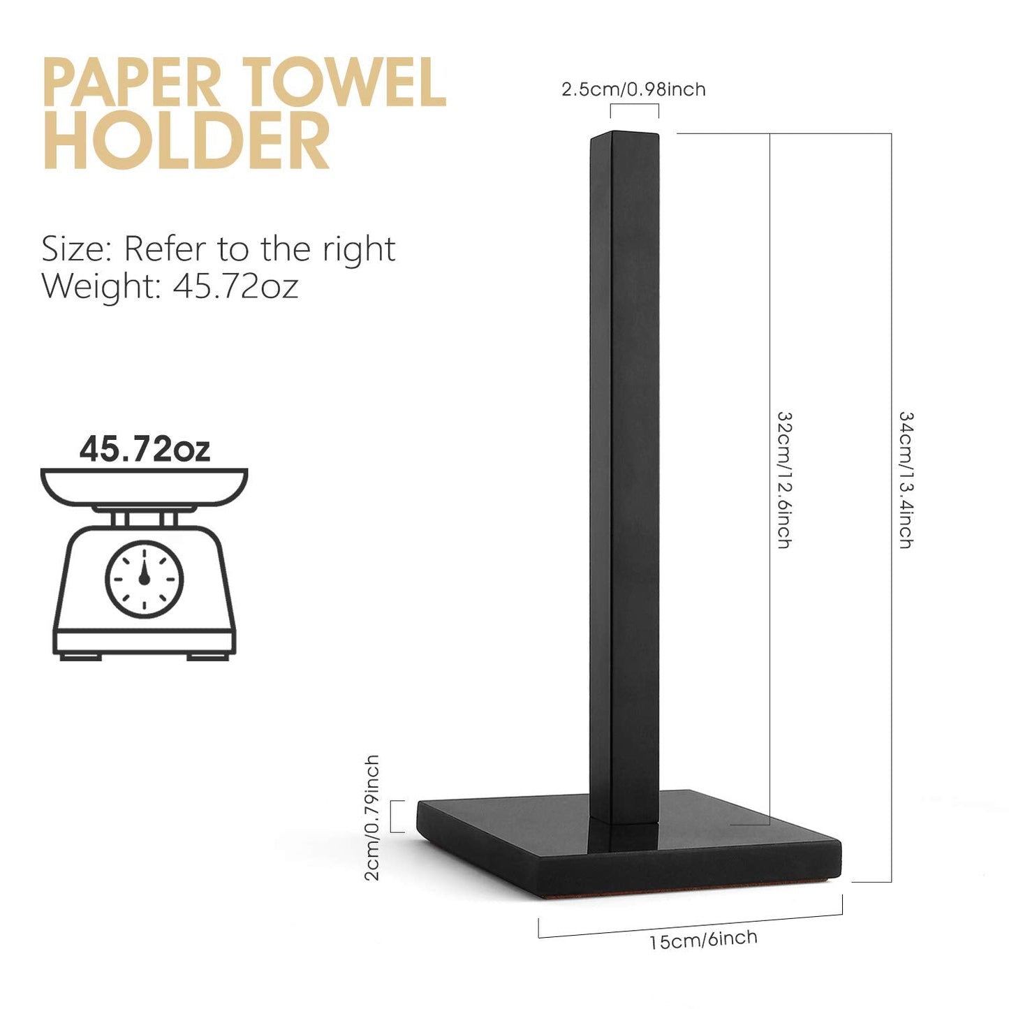 LUTAVOY Paper Towel Holder Kitchen Standing Paper Towel Roll Holder with Marble Base for Bathroom Kitchen Countertop(Matt Black,Black Base KZ50)