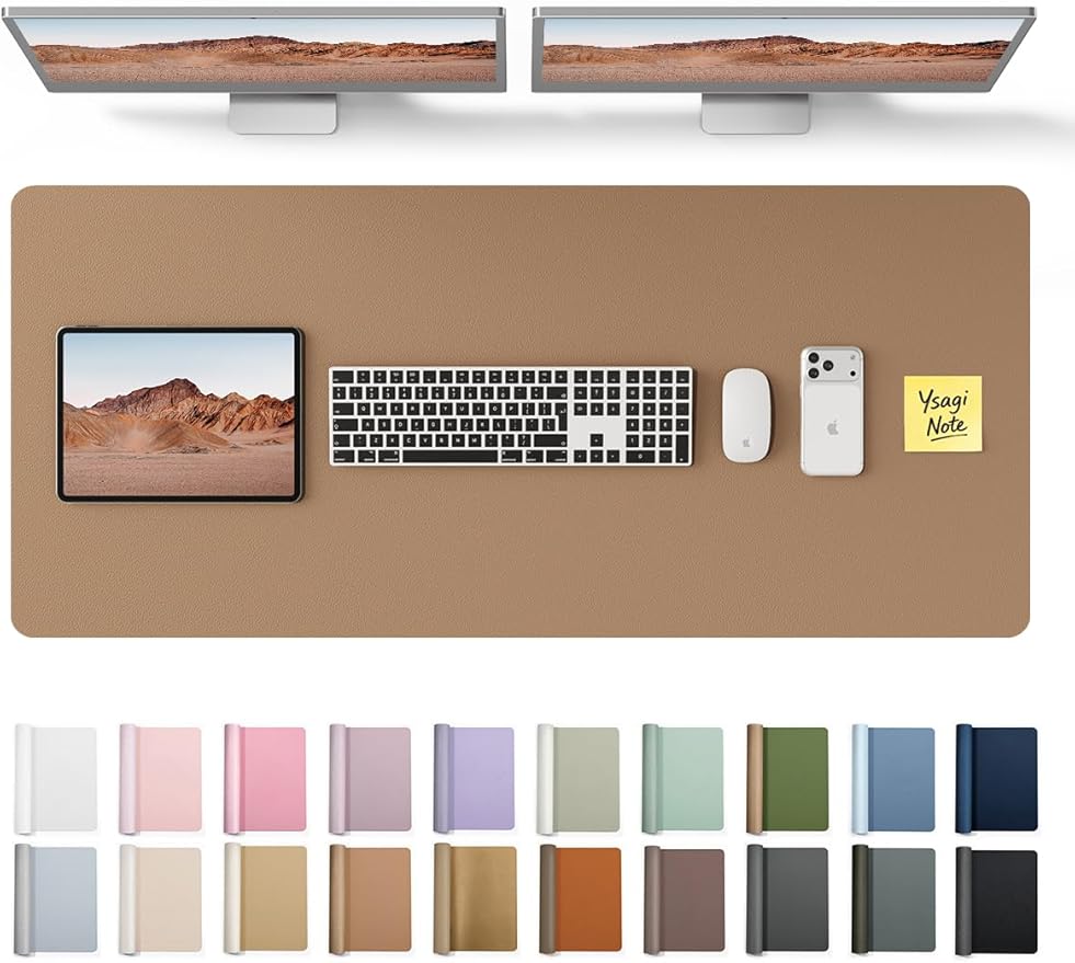YSAGi Leather Desk Protector, Office Mat, Large Mouse Mat, Non-Slip PU Leather Blotter, Laptop Desk Pad, Waterproof Writing Pad for Office and Home (Khaki, 47" x 17")
