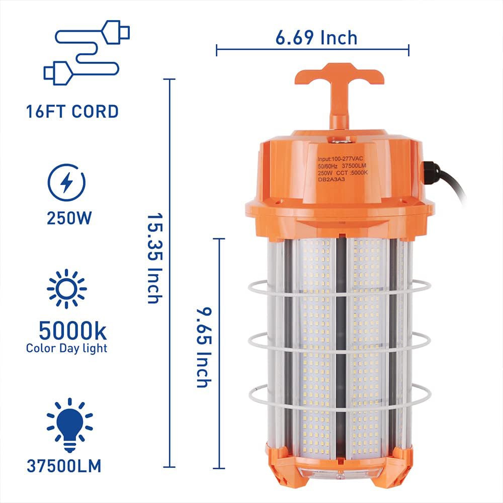 250W LED Temporary Work Light 37,500 Lumens Construction Lights 5000K Portable Linkable IP65 High Lumen Super Bright Durable Job Site Lighting with ON/Off Button for Indoor and Outdoor Area Lighting