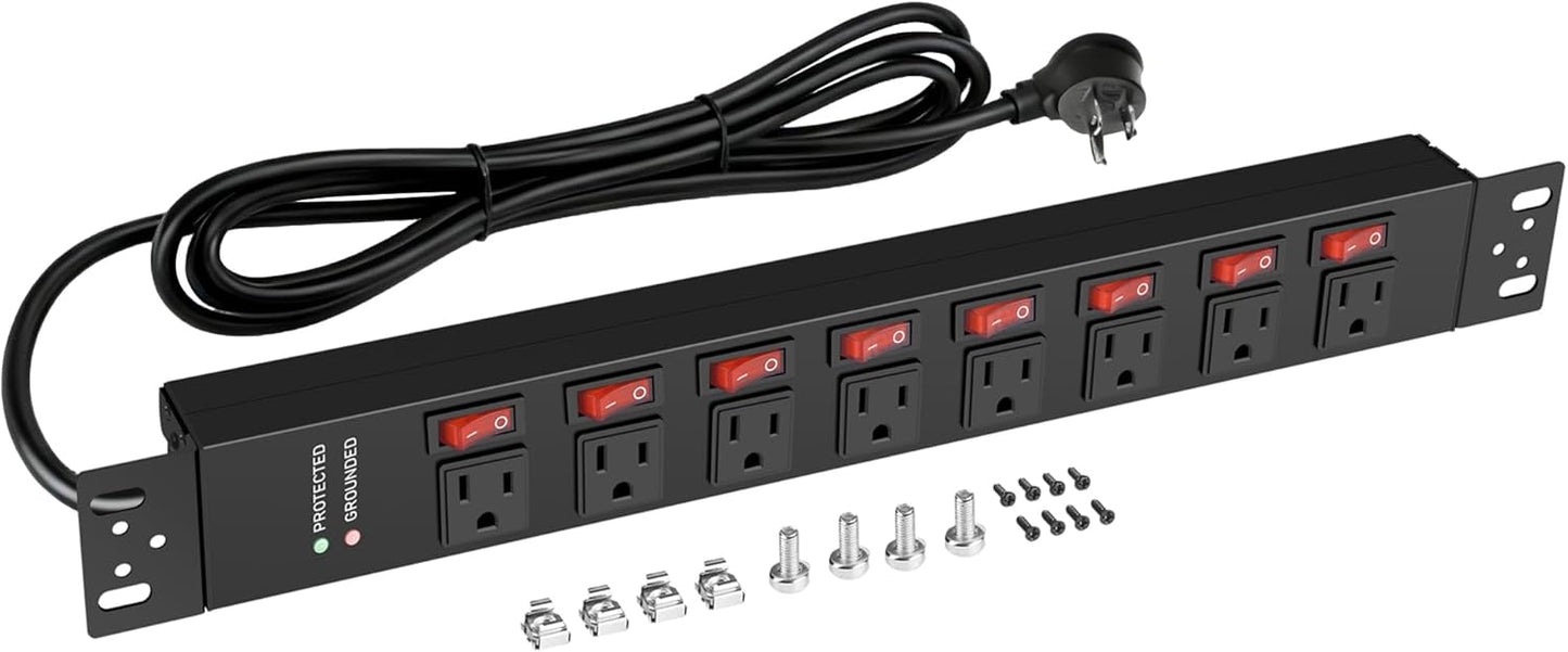 Jgstkcity Strips,8 Switches,1.5U Racks,14AWG Cord,2700J,15A 125V 1875W 10 Rack Mount PDU Power Outlet Surge