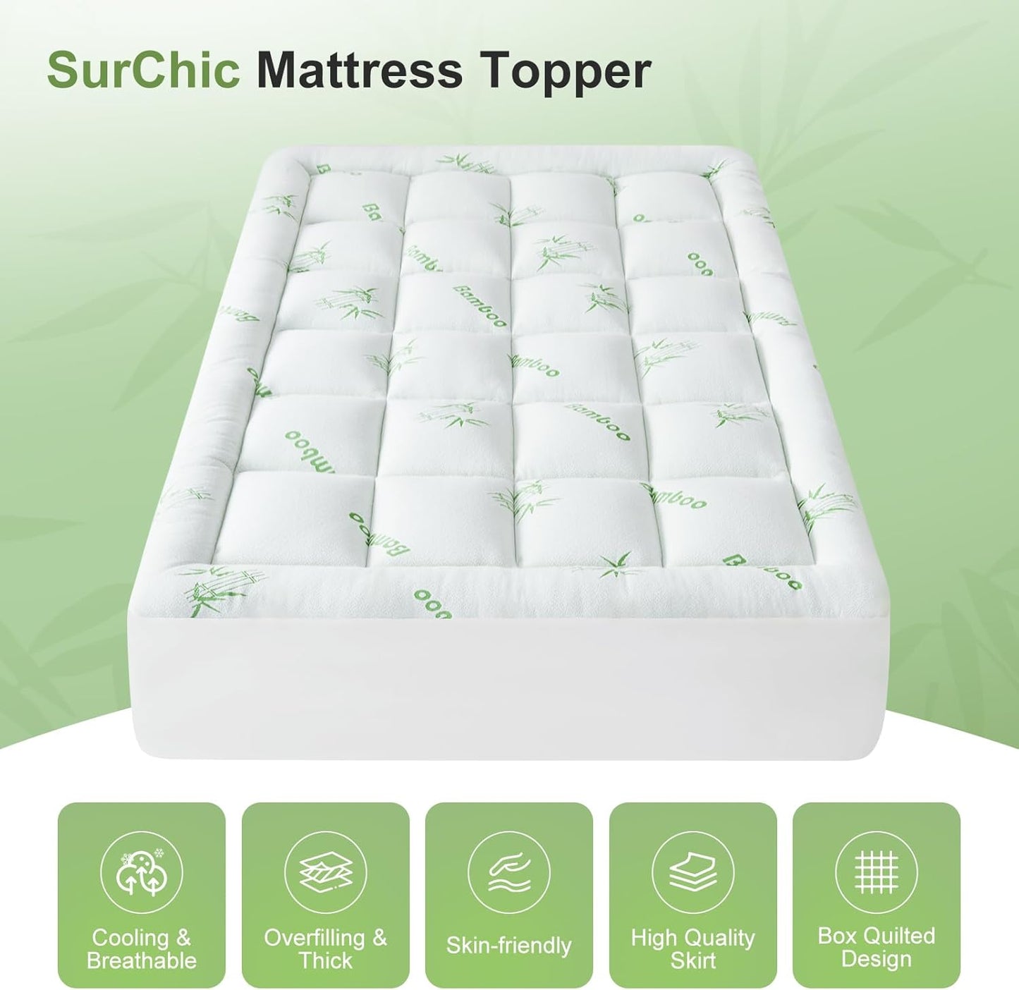 Skiennix Queen Size Mattress Topper - Soft Bamboo Viscose Pillow Top for Back Pain Relief | Cooling Protector, 8-21 Inch Deep Pocket, White