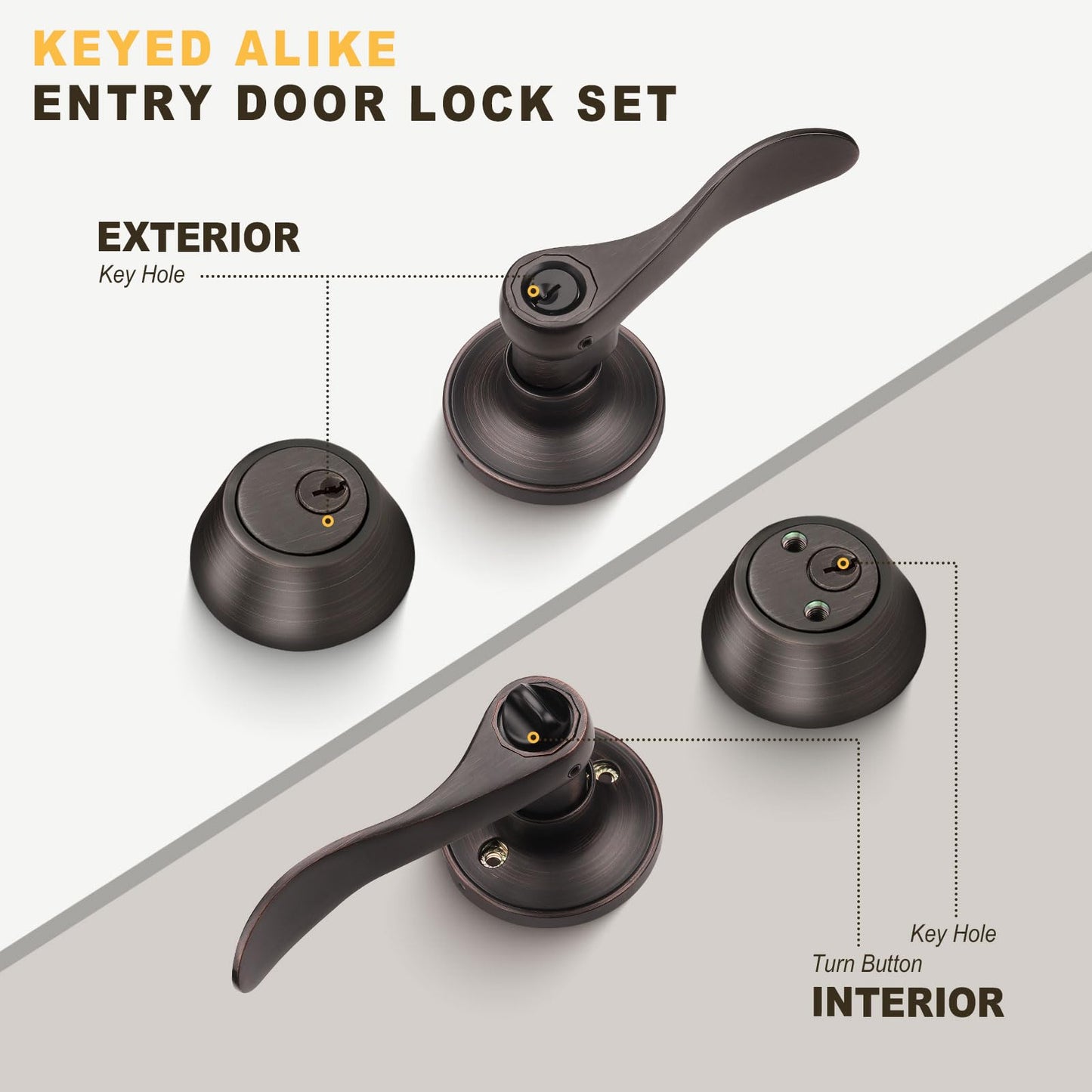 Brotima 2 Pack Keyed Alike Entry Door Lock Set, Double Cylinder Deadbolt with Wave Style Lever Door Handle, Oil Rubbed Bronze Wave Style Heavy Duty Door Lever Set for Bedroom,Exterior Doors