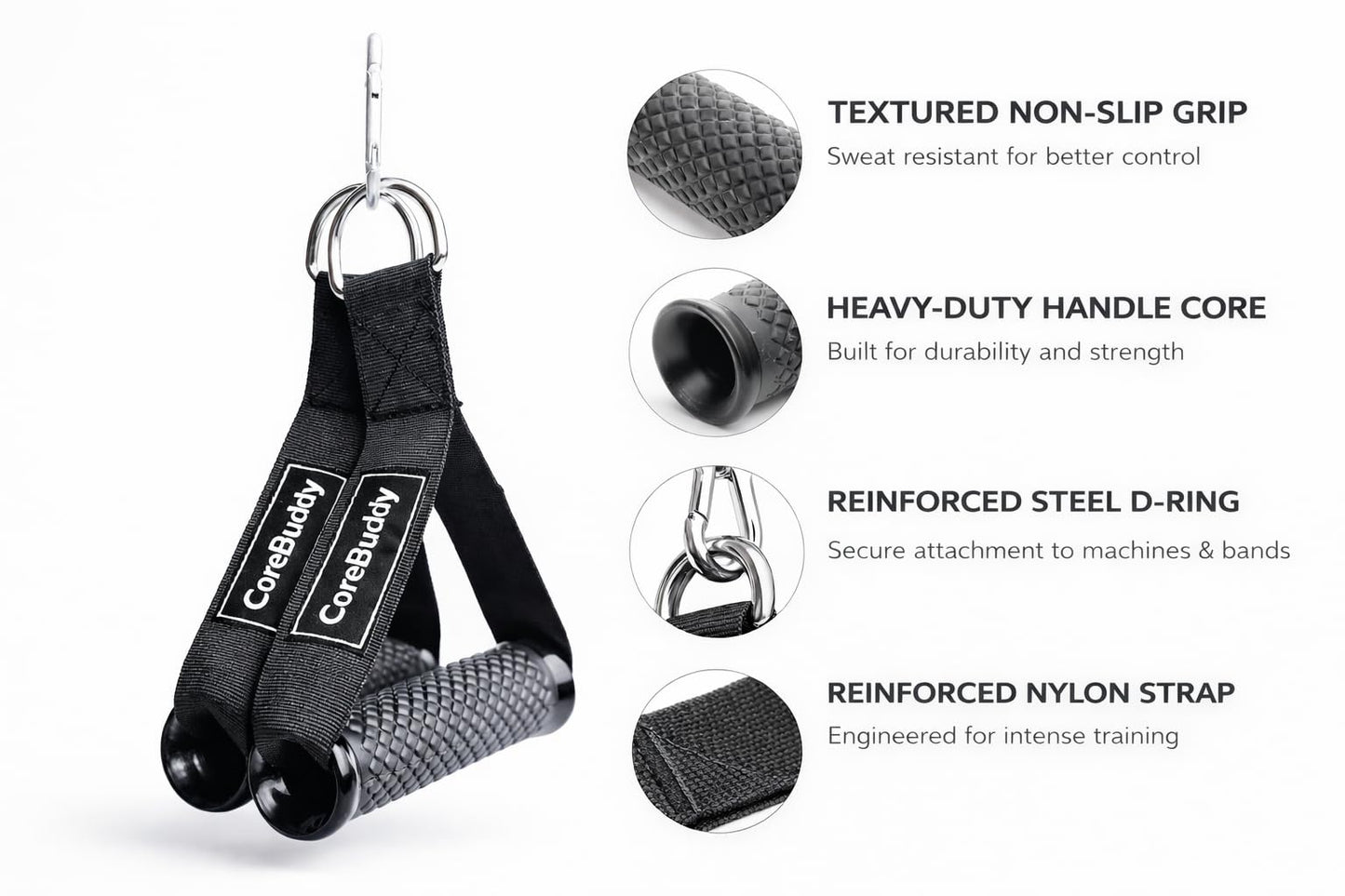 CoreBuddy Resistance Band Handles (2 Pack) – Heavy Duty Gym Cable Handles, D-Ring Attachment for Bands & Cable Machines, Non-Slip Grip, Reinforced Nylon Straps, Carry Pouch Included
