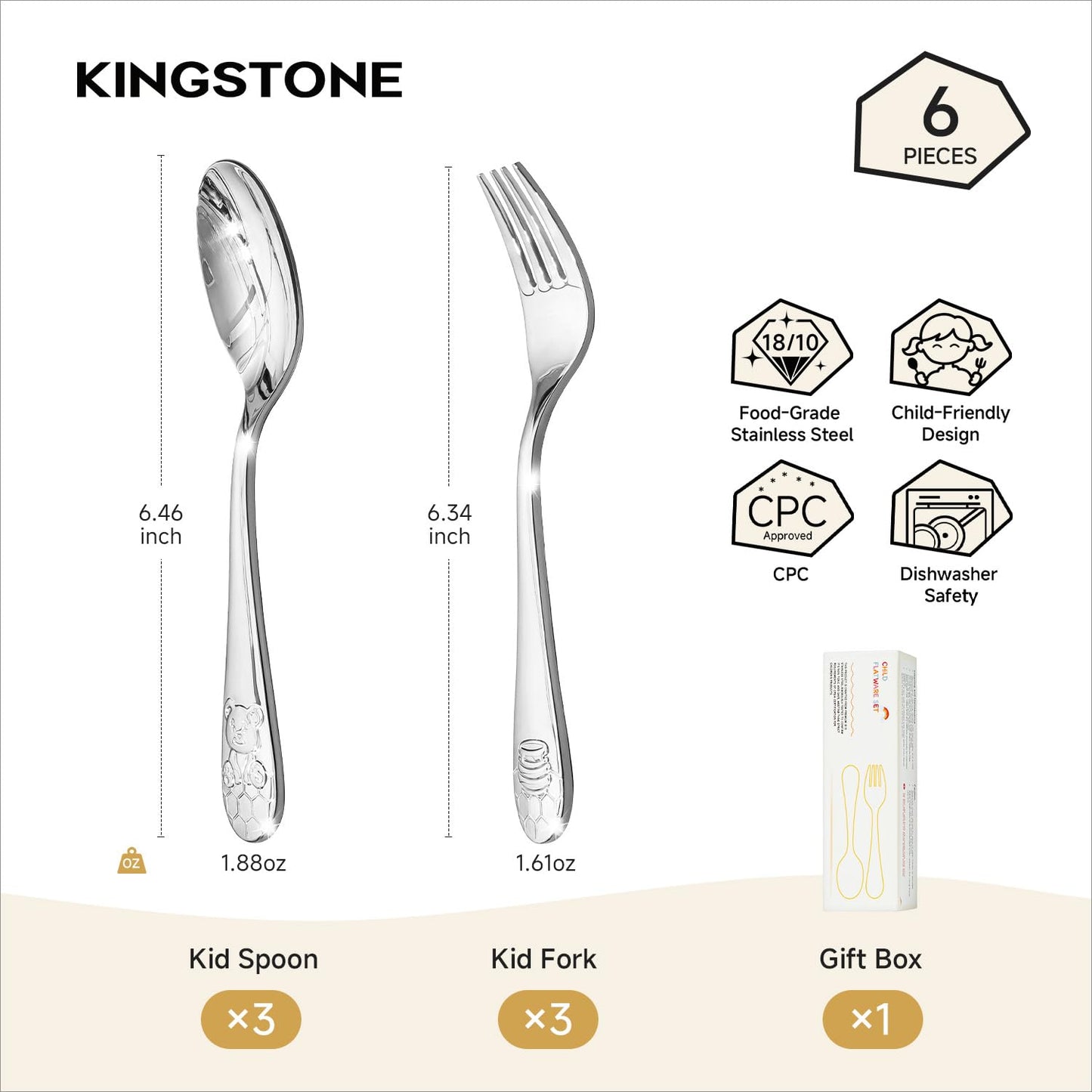 KINGSTONE Kids Silverware Set, 6-Piece Large Forks & Spoons, 18/10 Stainless Steel, Ergonomic Flatware for Self-Feeding Children, Home & Travel, Honey Bear Print