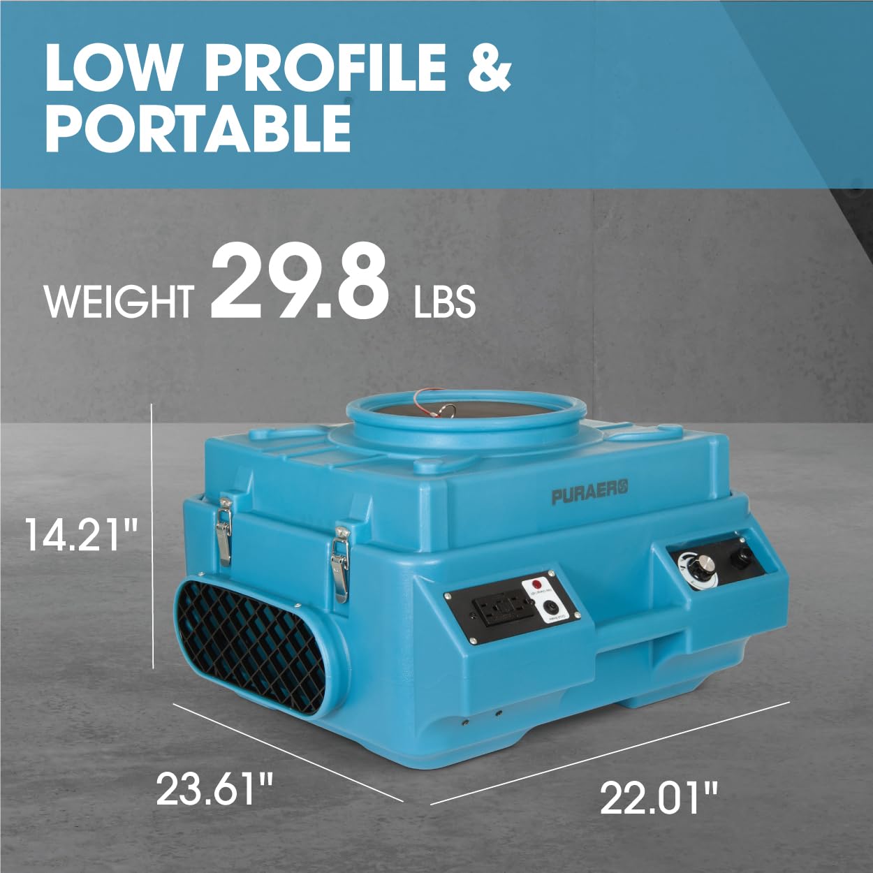 PURAERO HEPA Air Scrubber with GFCI Outlets for Daisy Chain | 1/4 HP, 675 CFM, 2.2A | Water Damage Restoration, Grow Rooms | PA-600-HAS | Blue