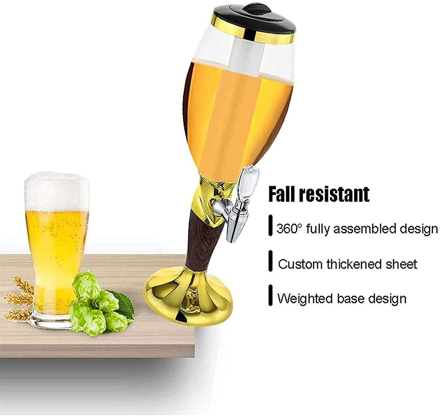 3L Beer Tower Dispenser with Ice Cooling, LED Light, and Tap, Ideal for Parties, Bars, and Home Use – Transparent Column with Clear Scale, Gold(Silver)