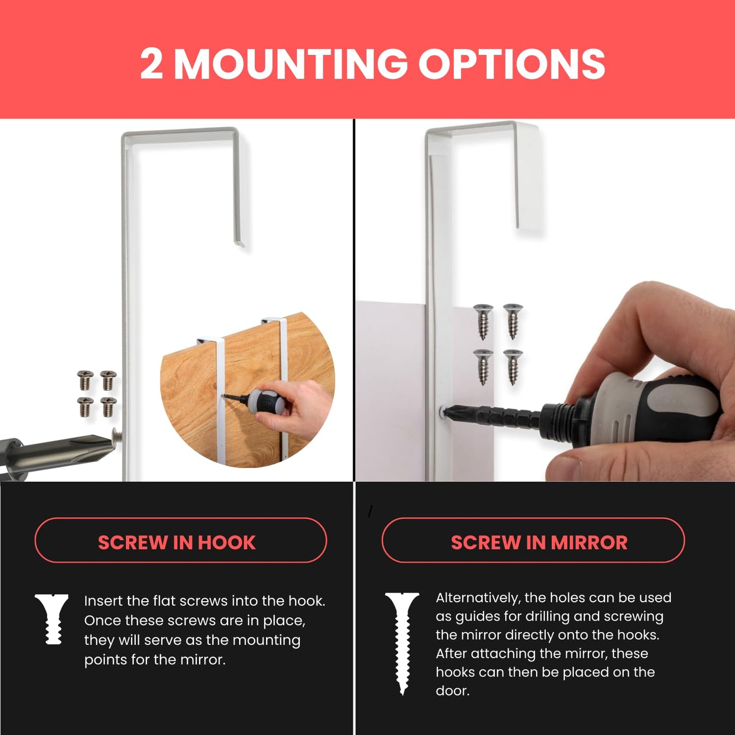 20'' Extra Long Heavy Duty Black Set 2 Mirror Brackets Patent Pending Over-The-Door Mirror Hanger: Door Mirrors Hanger Set Anti-Scratch Lining | Over The Doors Mirrors Hooks Adjustable Height