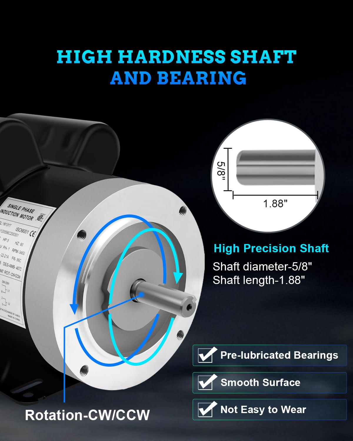 Electric Motor 5HP, 3450RPM General Purpose Motor, Single Phase Motor 208-230V 56C Frame 5/8" Shaft Diameter 60HZ TEFC