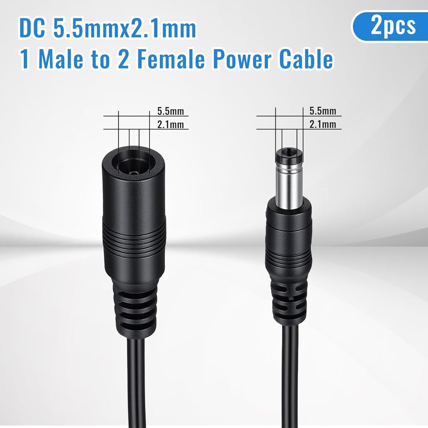 FdcZeyxior 2 Pack 1 2 5.5mm 2.1mm 2-Way Male to Female Power Cord Splitter x Extension Cord Splitter DC Power Supply
