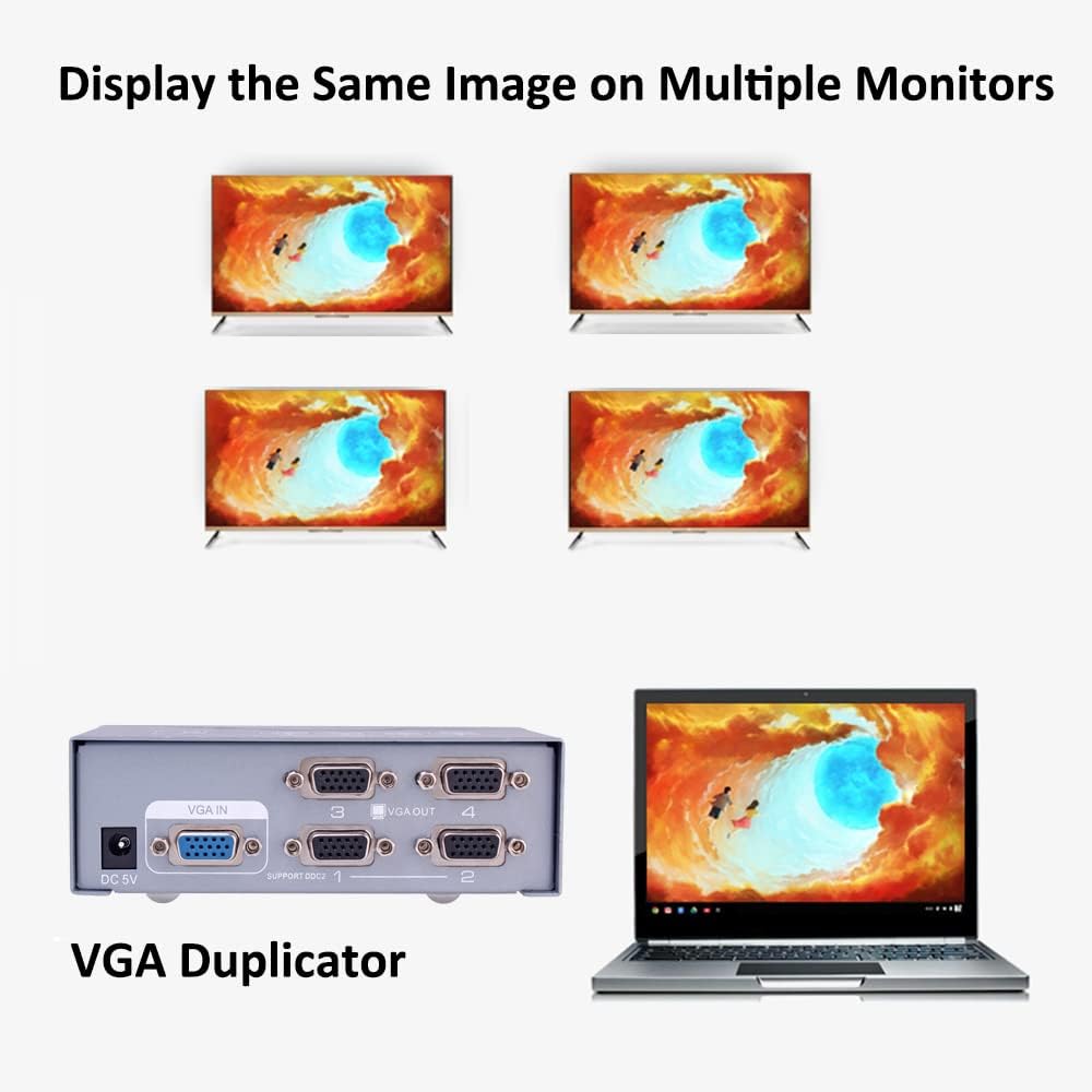 DTECH 4 1 Powered Port VGA Splitter Box Video Distribution Duplicator for PC to Multiple Monitors Projector