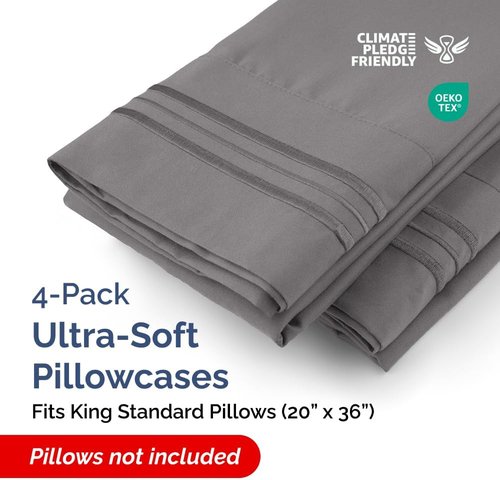 King Standard Pillow Cases - Soft Hotel Quality Pillowcase Covers - 4 Piece Set in Dark Grey | Machine Washable