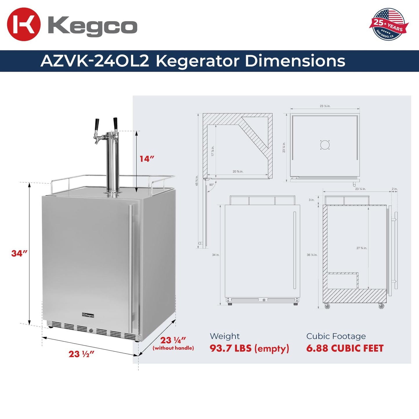 Kegco 24" Wide Outdoor Build-In Dual Tap Stainless Steel Left Hinge Kegerator with Dispense Kit