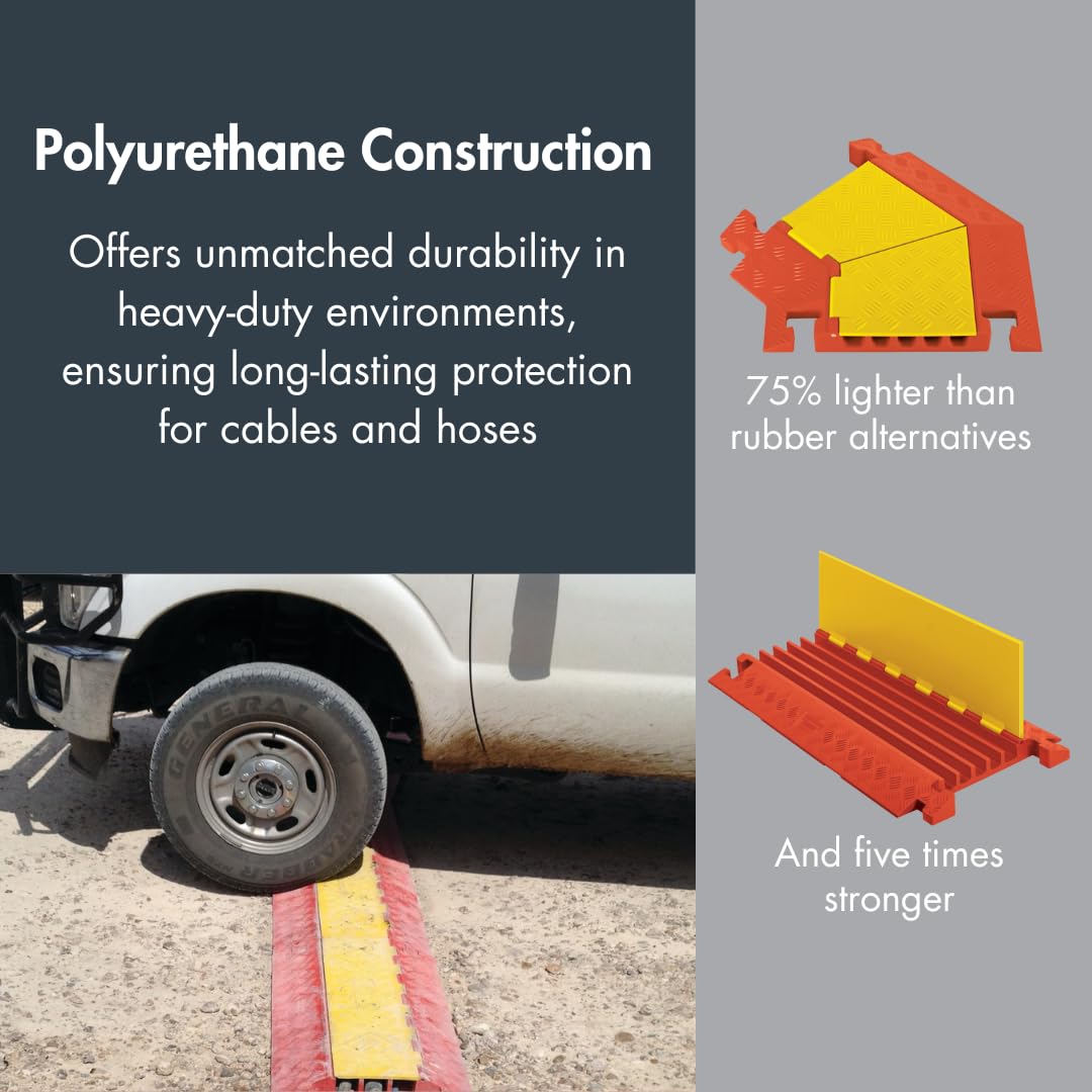 Checkers 5 Channel Industrial Drive Over Cable Protector for 1.25" Lines, 21k/Axle Load Capacity Hose and Cable Ramp for Heavy Duty Equipment, Made in The USA, Orange/Yellow, CP5X125-GP-O/Y