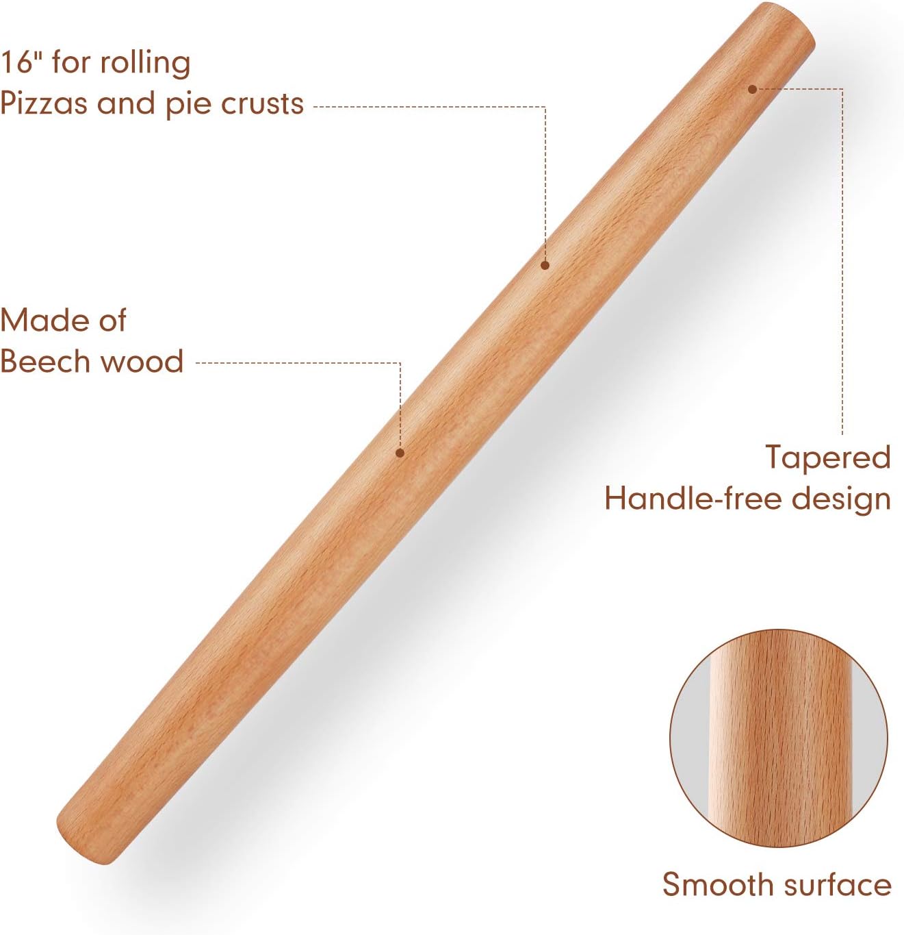 QUELLANCE Wood Rolling Pin - Beech Wood Dough Roller with Silicone Baking Mat | Perfect for Pizza, Pastries & Cookies