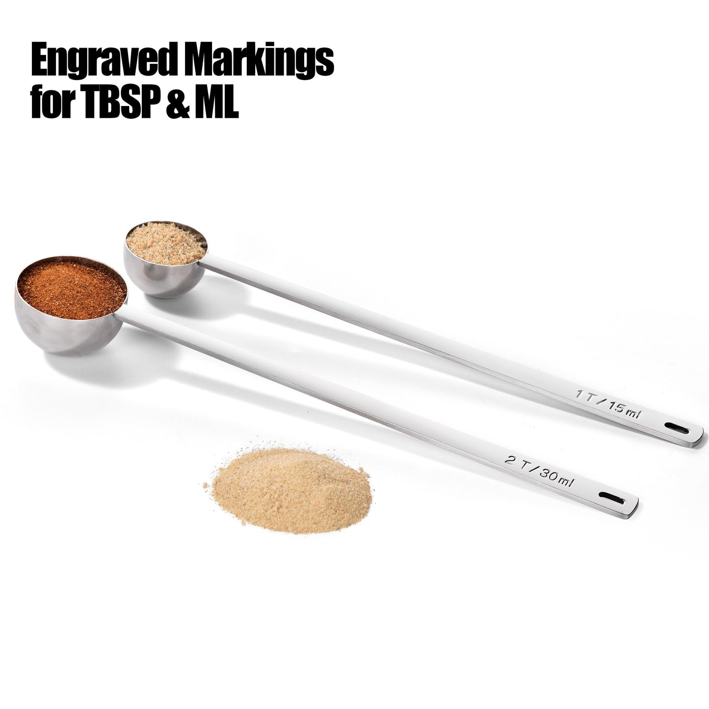 18/8 Stainless Steel Coffee Scoops, Doosu Food-Grade Metal Measuring Spoons with 8.5in Long Handle, Tablespoon Scooper for Coffee Beans, Ground Coffee, Espresso, Protein Powders, Tea (1 & 2 Tbsp)