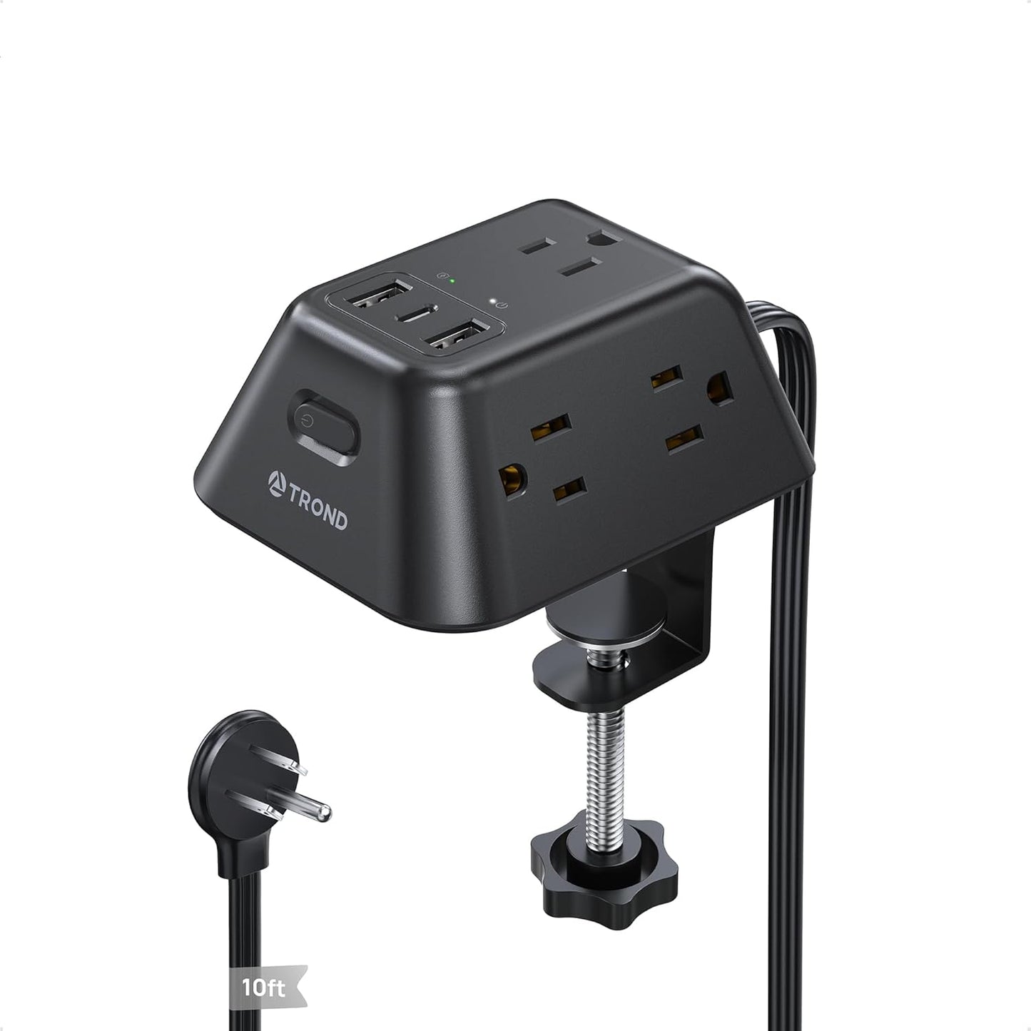 TROND 5 3 1.97in 10FT Desk Clamp Power Strip, Surge Protector with AC Outlets and USB Ports, Desk Mount Charging